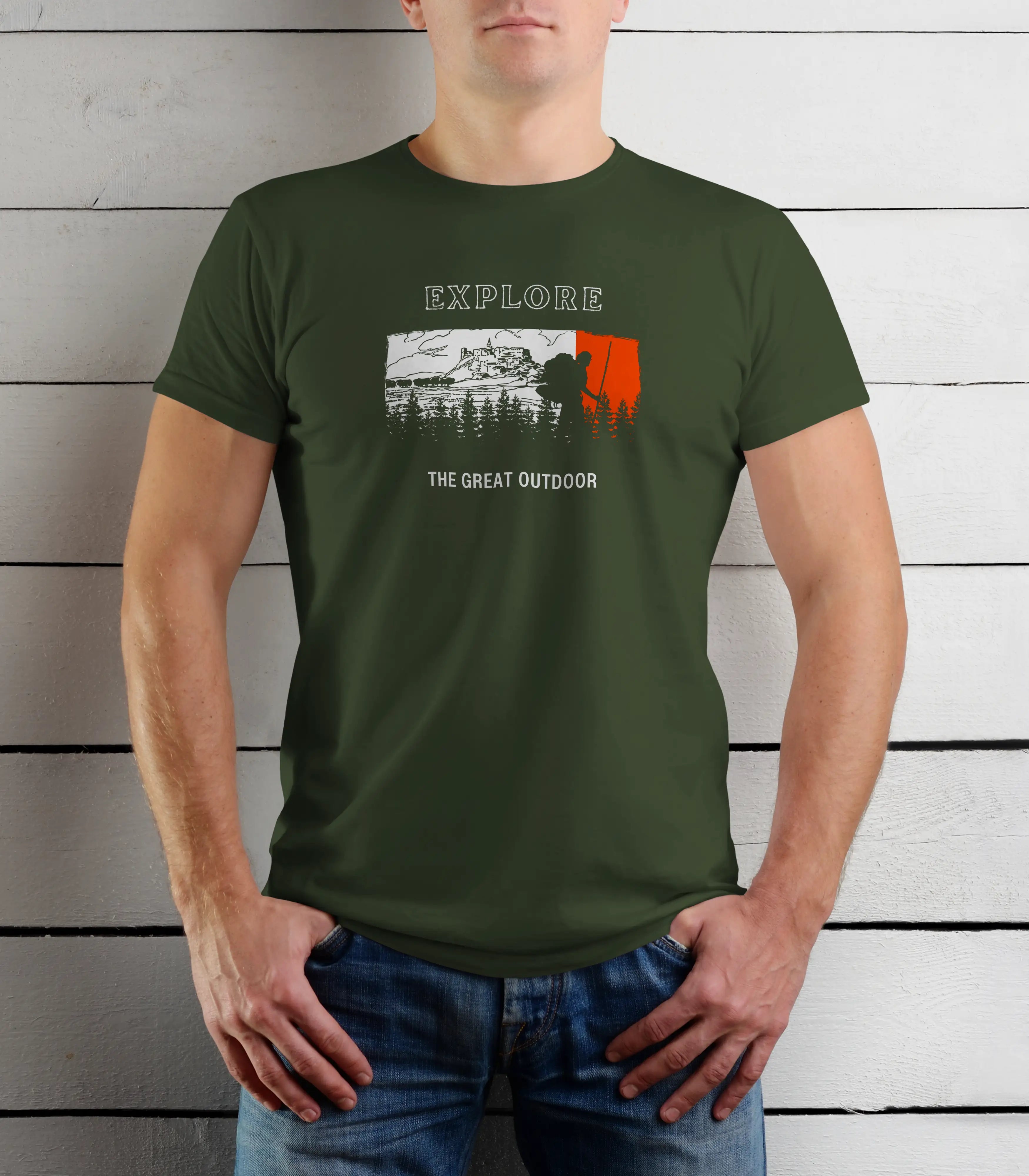 Person wearing a green t-shirt with outdoor-themed graphic and text.