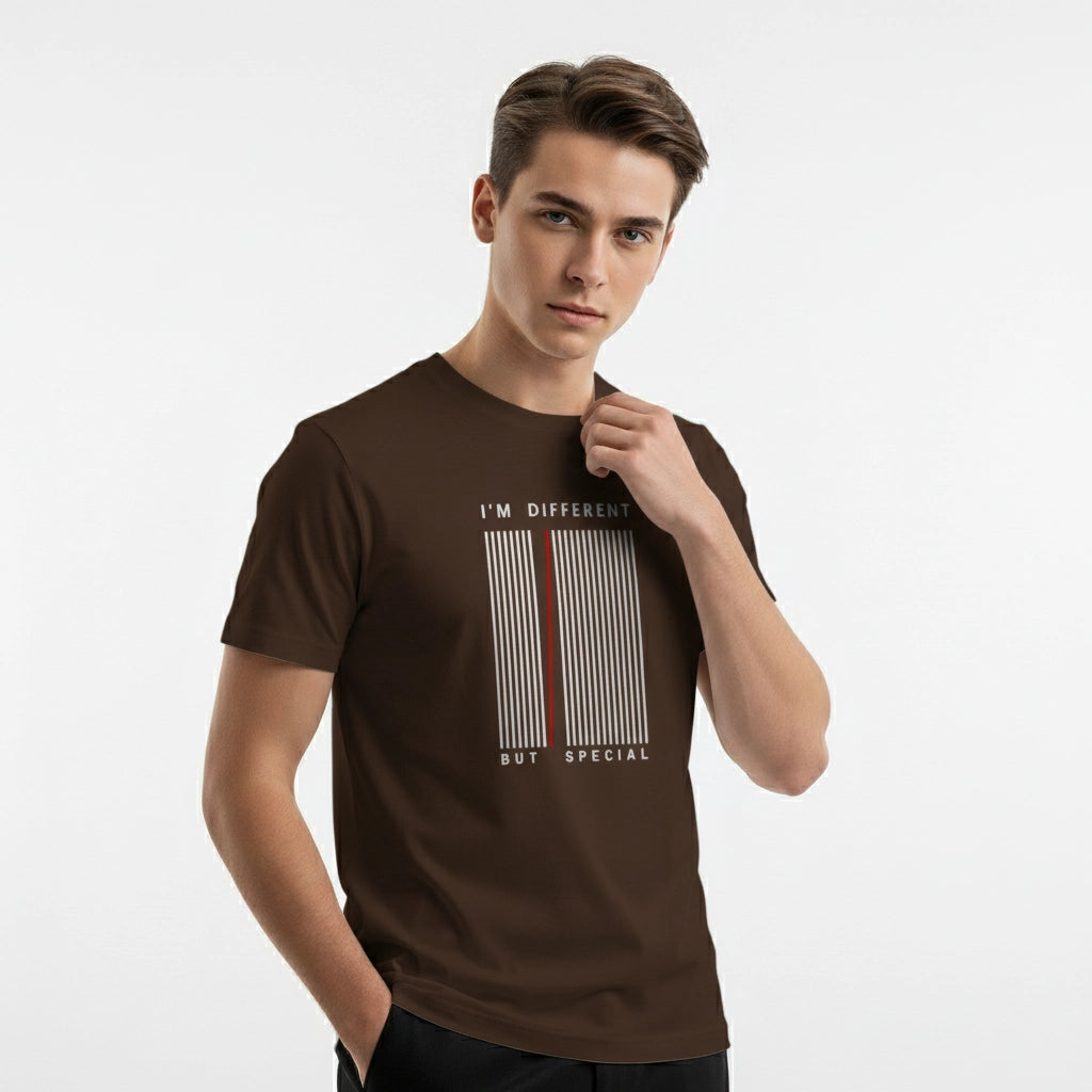 Man wearing a brown t-shirt with text design on a white background