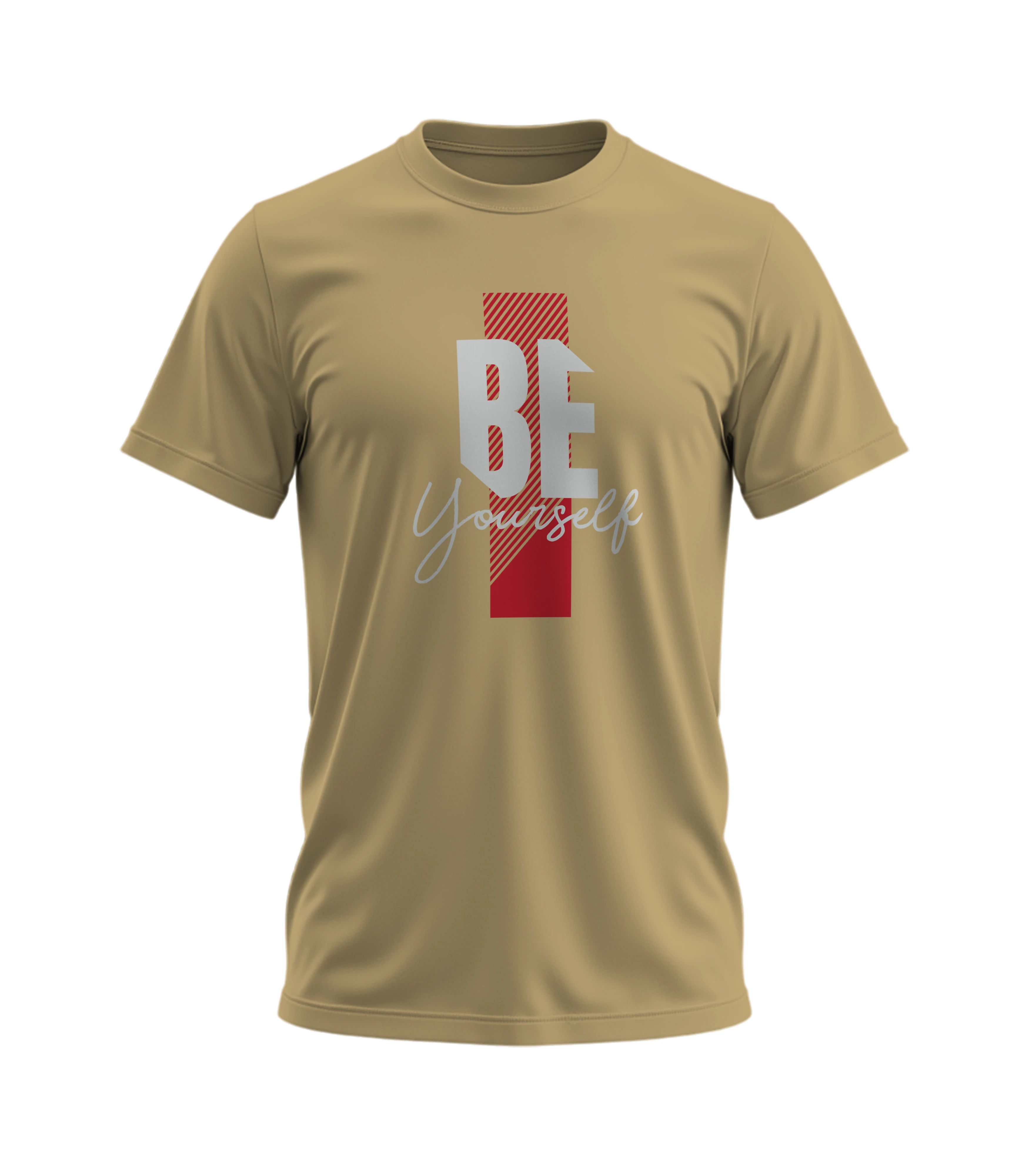 Beige t-shirt with 'BE Yourself' graphic design on a white background
