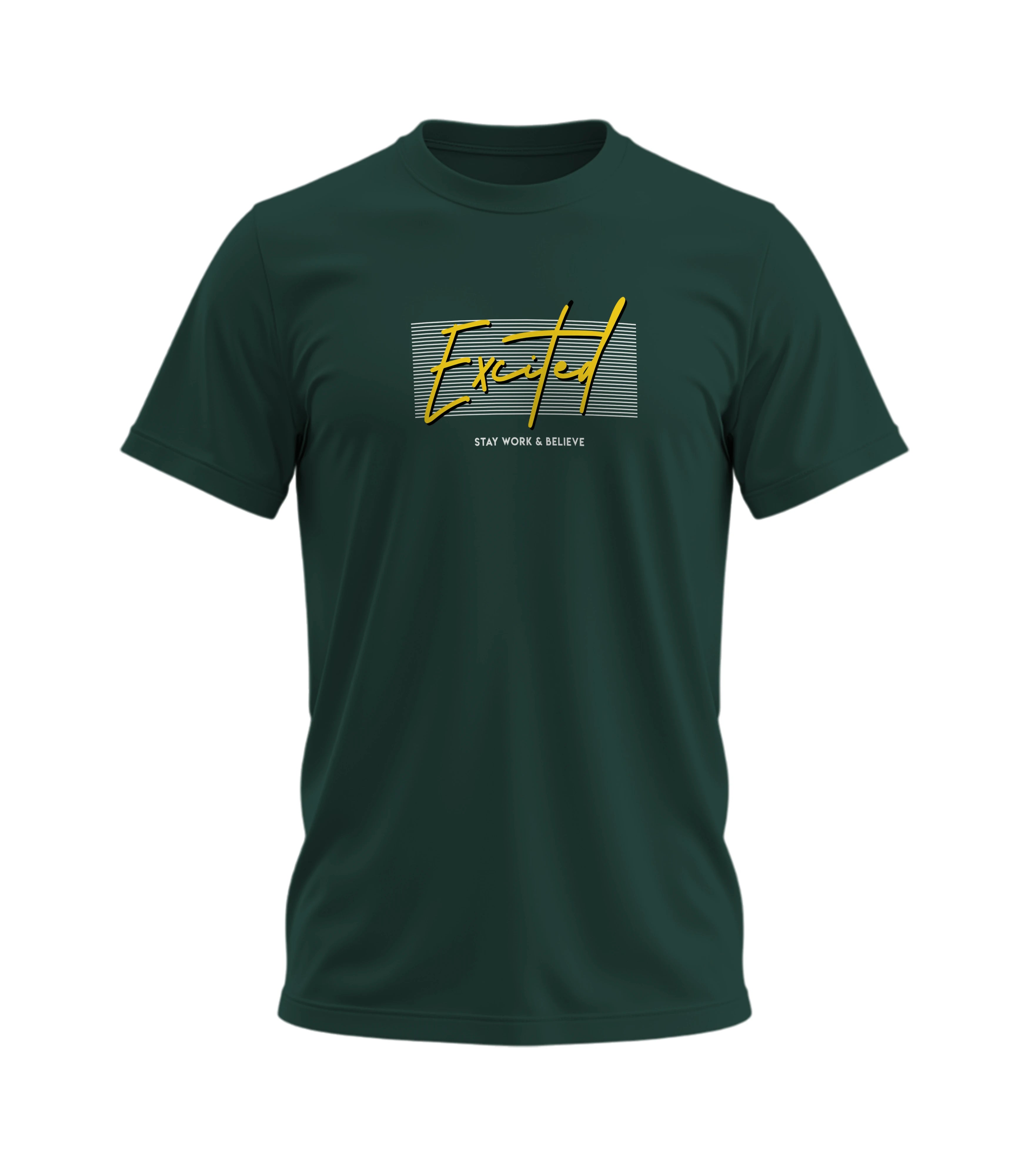 Green t-shirt with yellow text on a white background