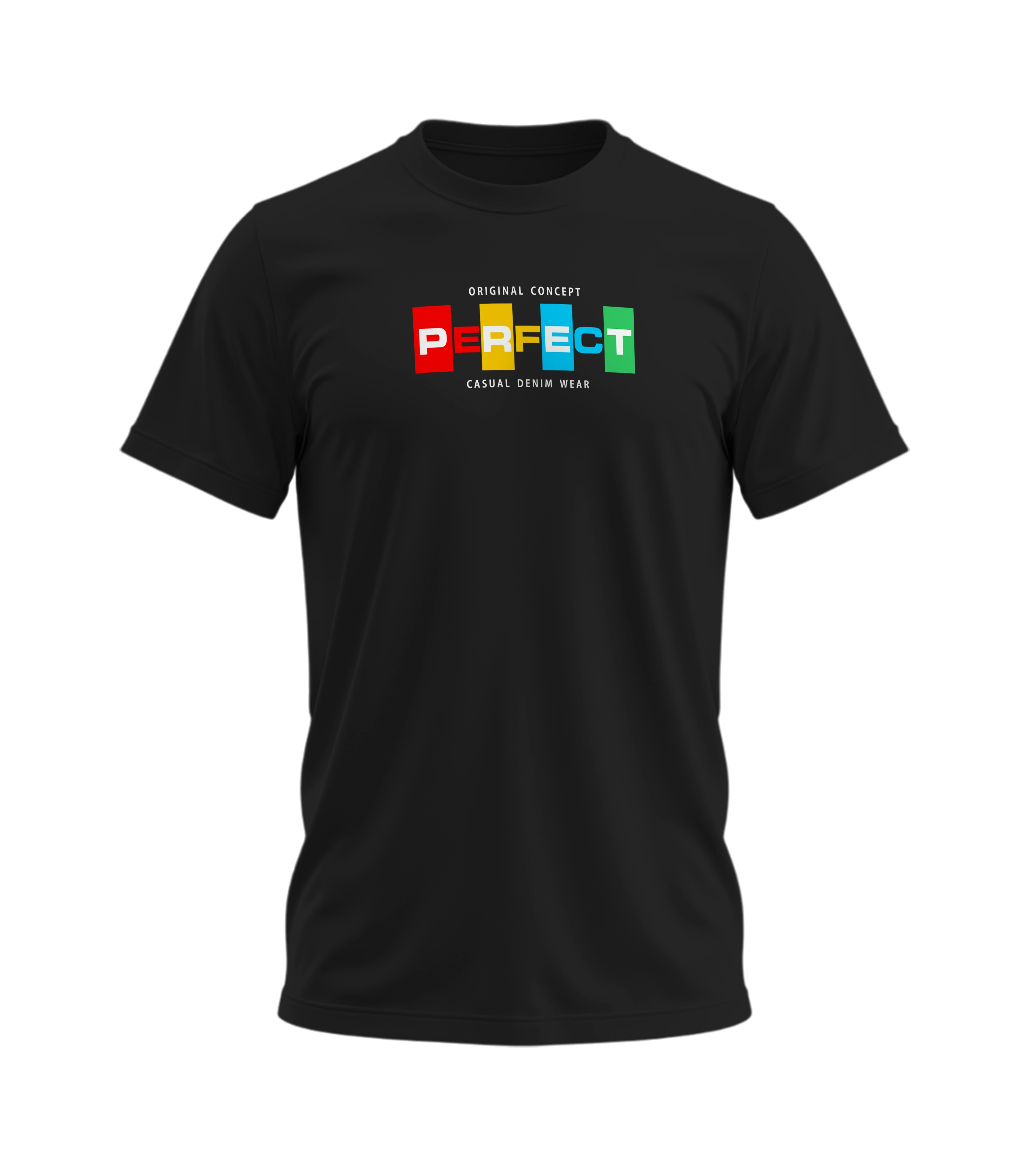Black t-shirt with colorful 'PERFECT' logo on a white background