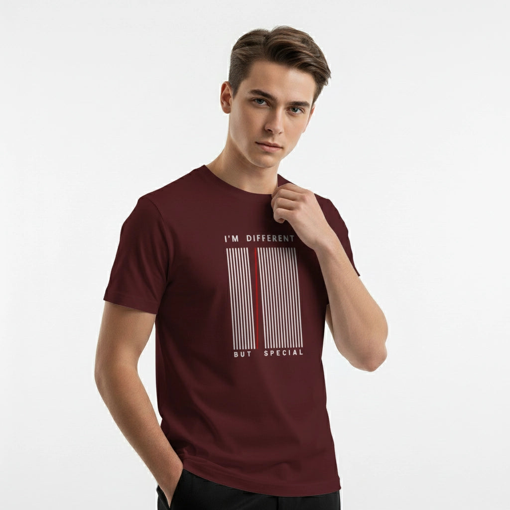 Man wearing a maroon t-shirt with text on a white background