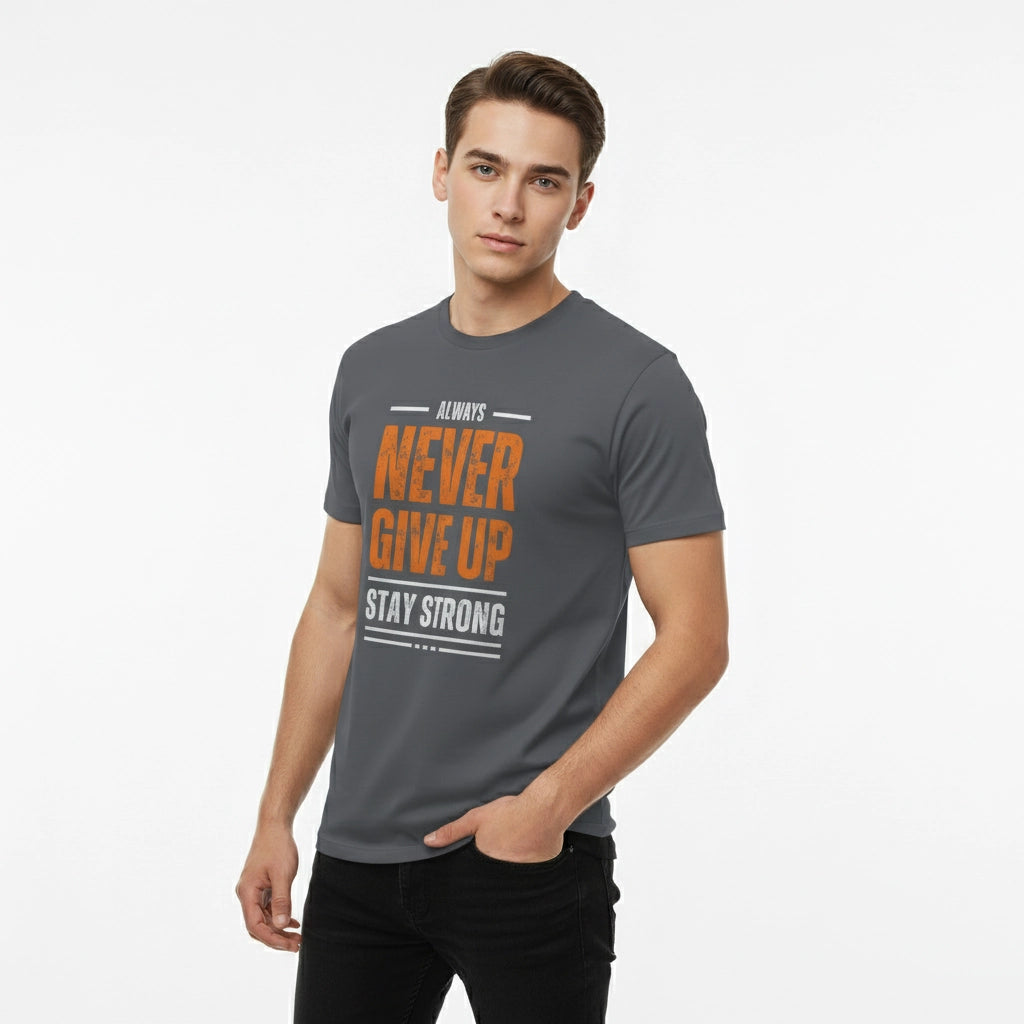 Man wearing a gray t-shirt with motivational text on a white background