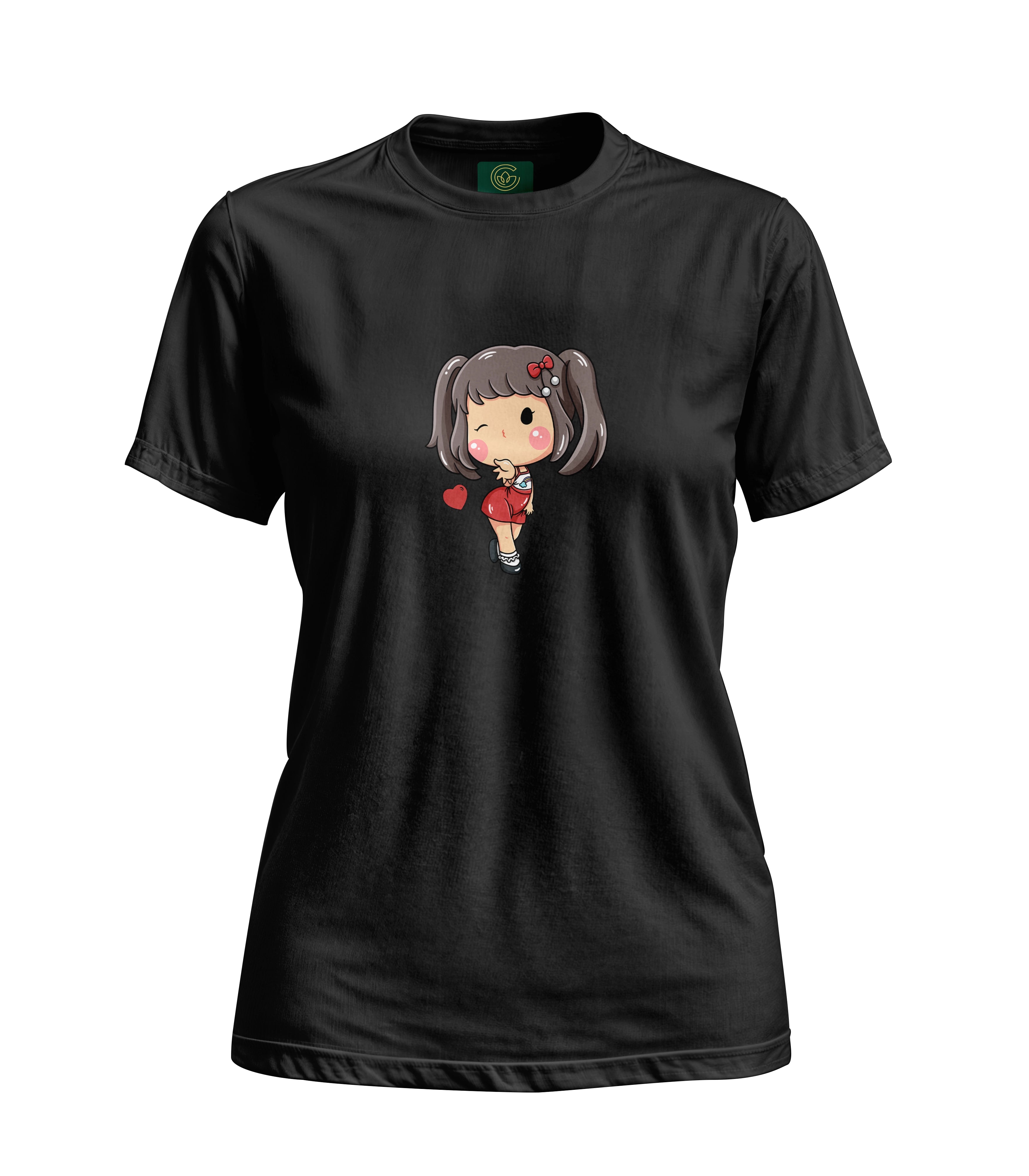 Black t-shirt with a cartoon character on a white background