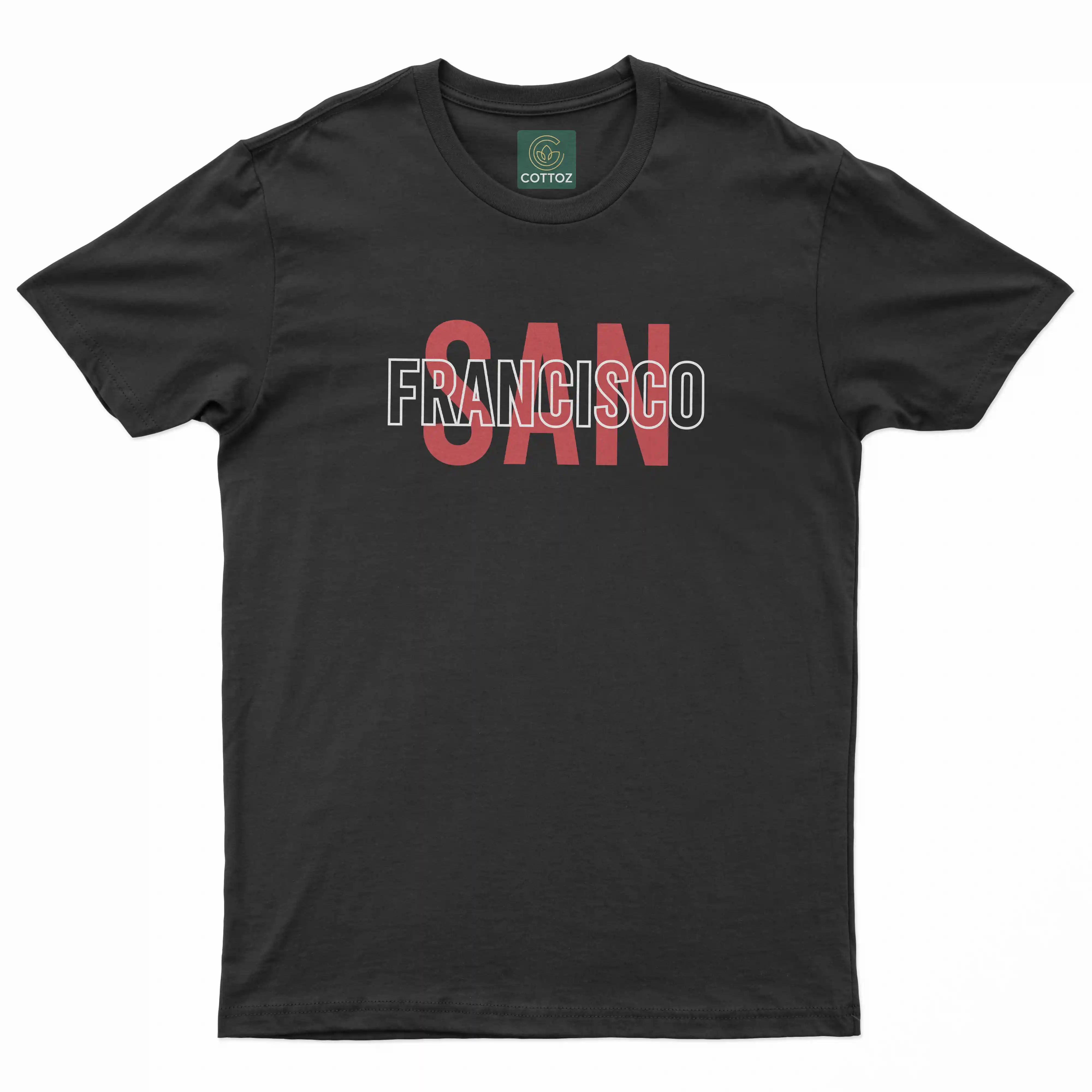 Black t-shirt with 'Francisco' printed on it against a white background