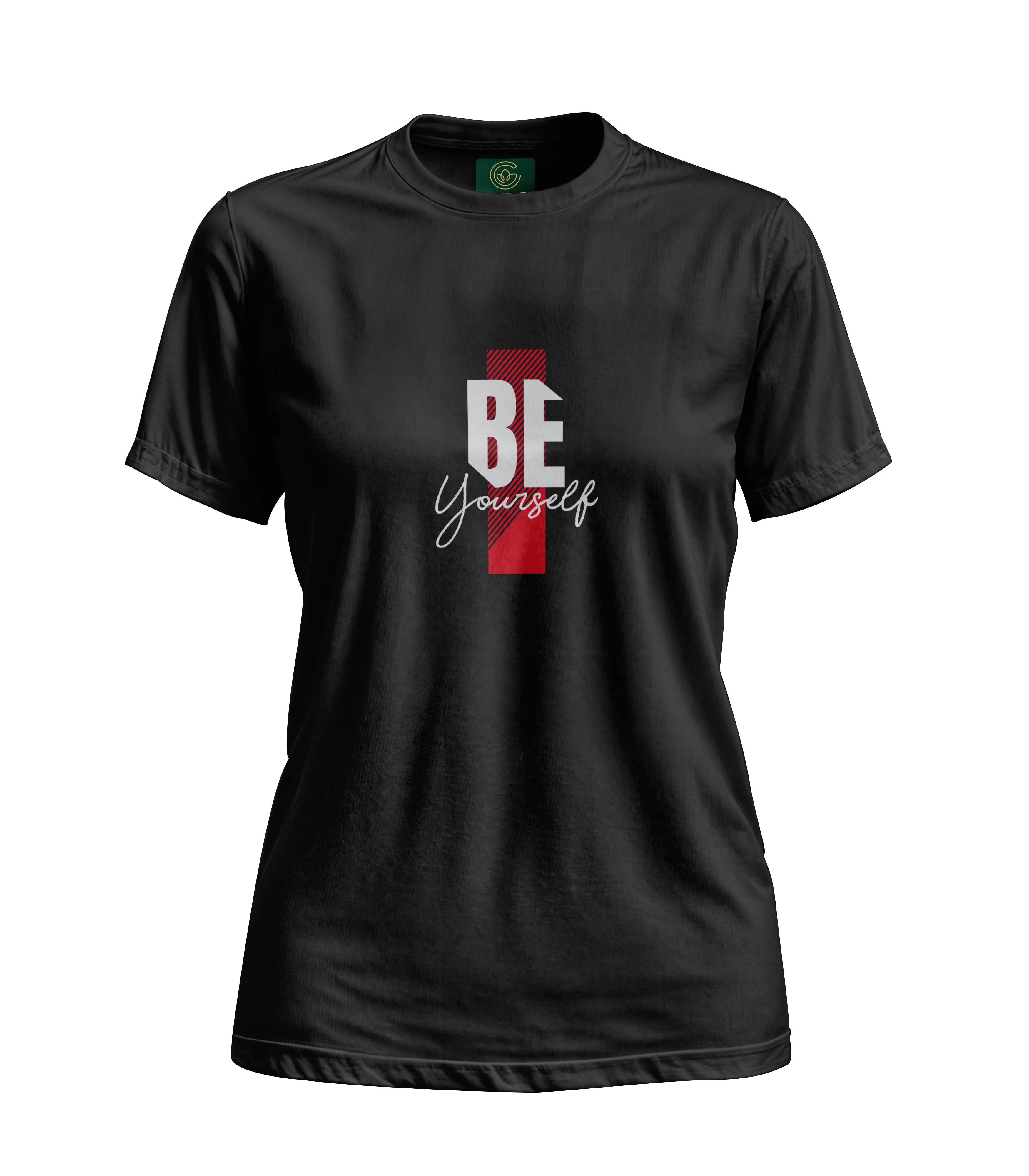 Black t-shirt with 'BE Yourself' text design on a white background