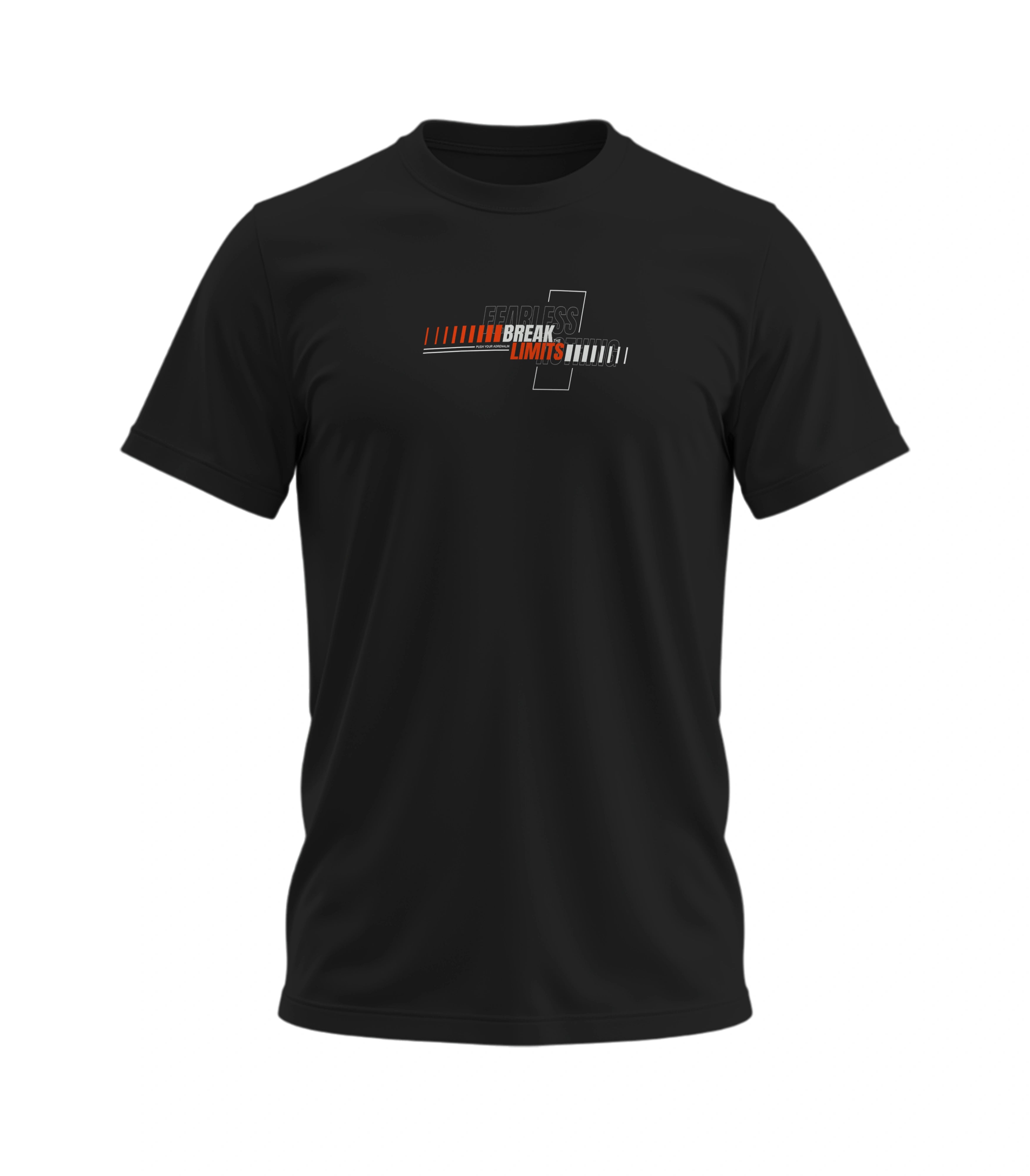 Black t-shirt with a logo on the chest against a white background