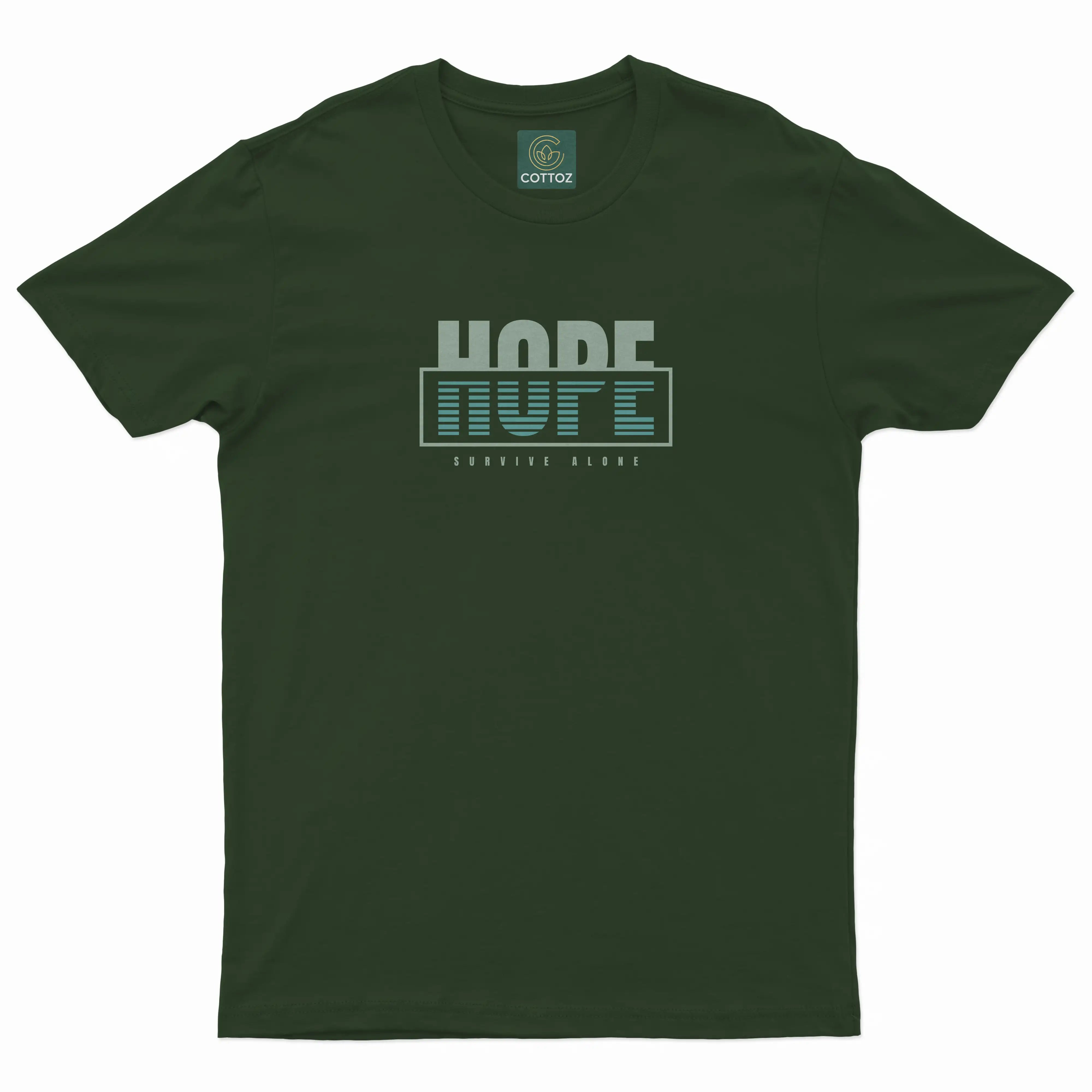 Green t-shirt with text design on a white background
