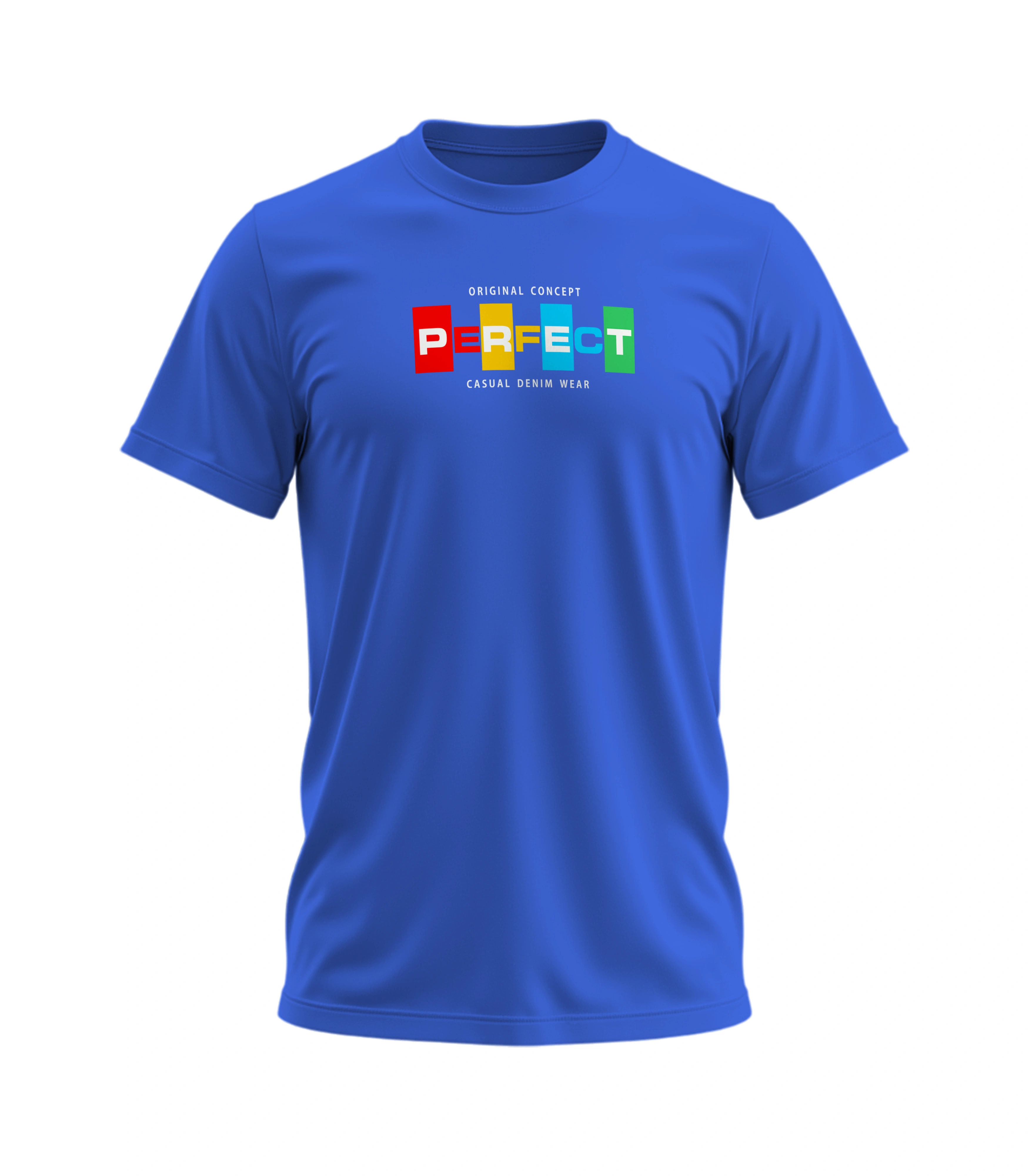 Blue t-shirt with colorful 'PERFECT' logo on a white background