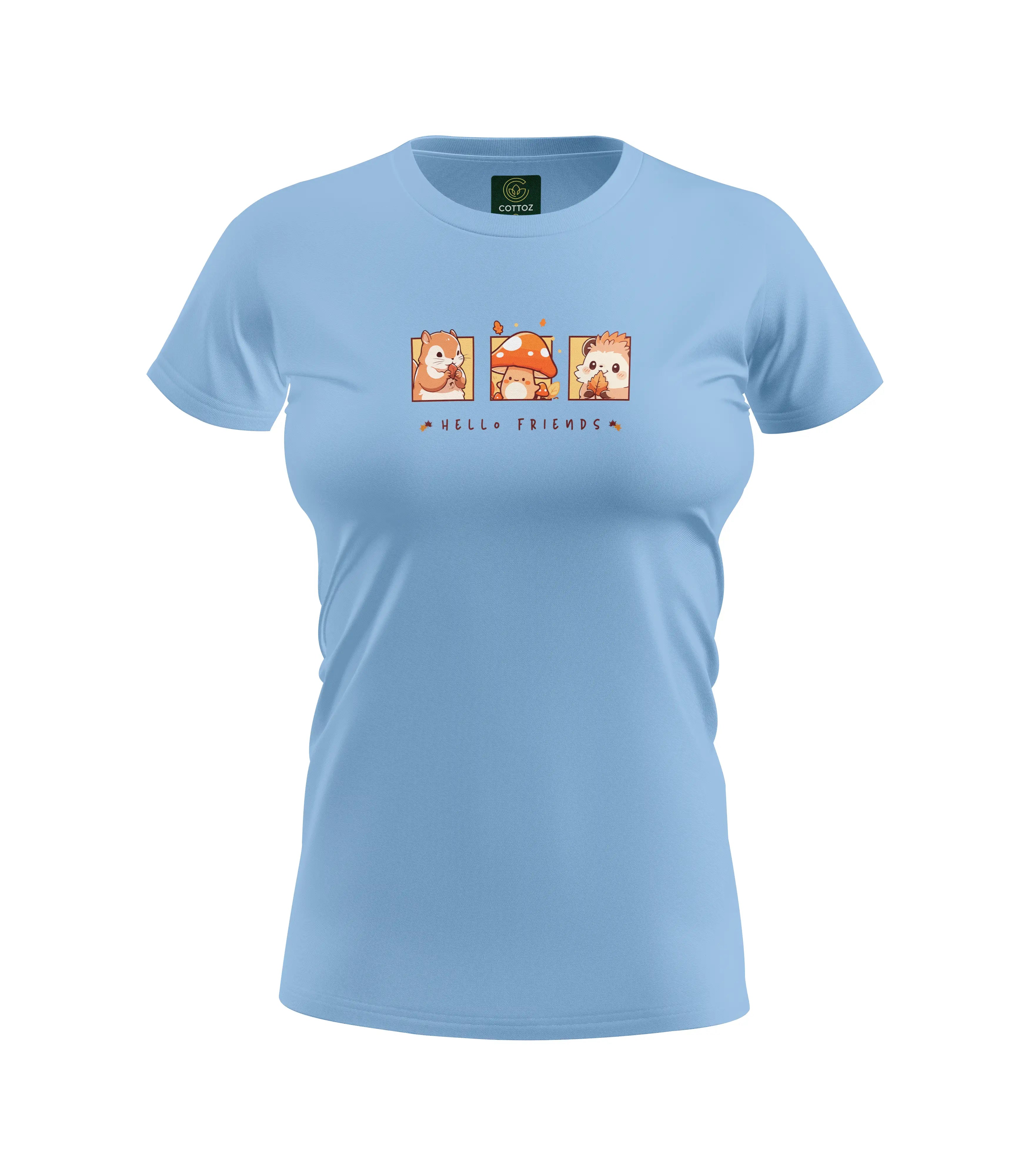 Light blue t-shirt with a graphic design on a white background
