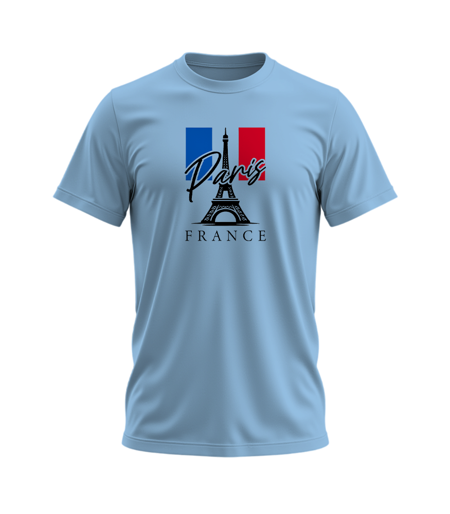 Light blue t-shirt with Paris and France design on a white background