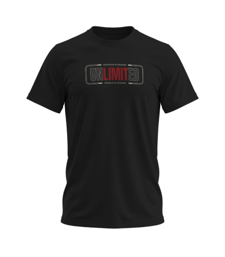 Black t-shirt with 'UNLIMITED' logo on a white background