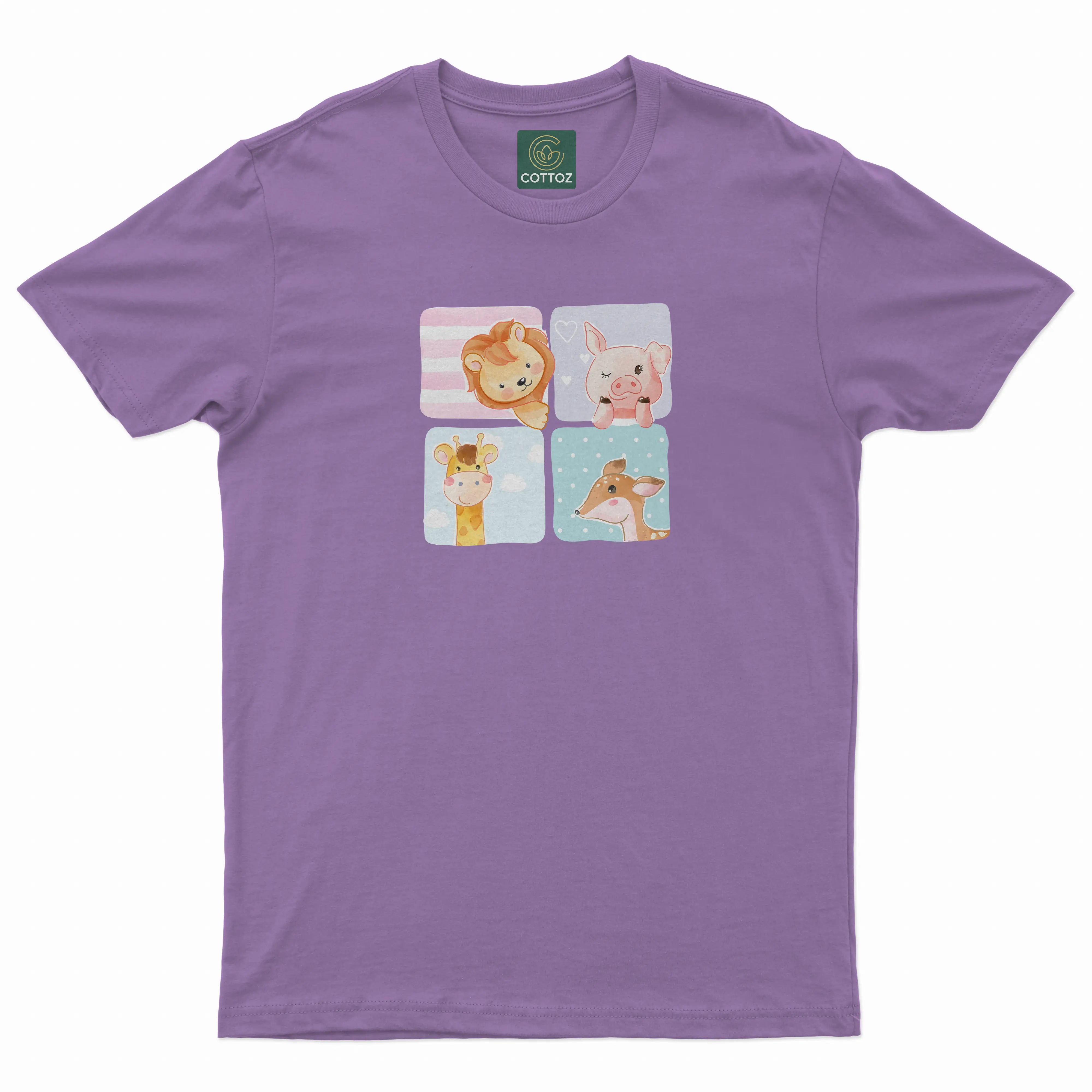 Purple t-shirt with cartoon character squares on a white background