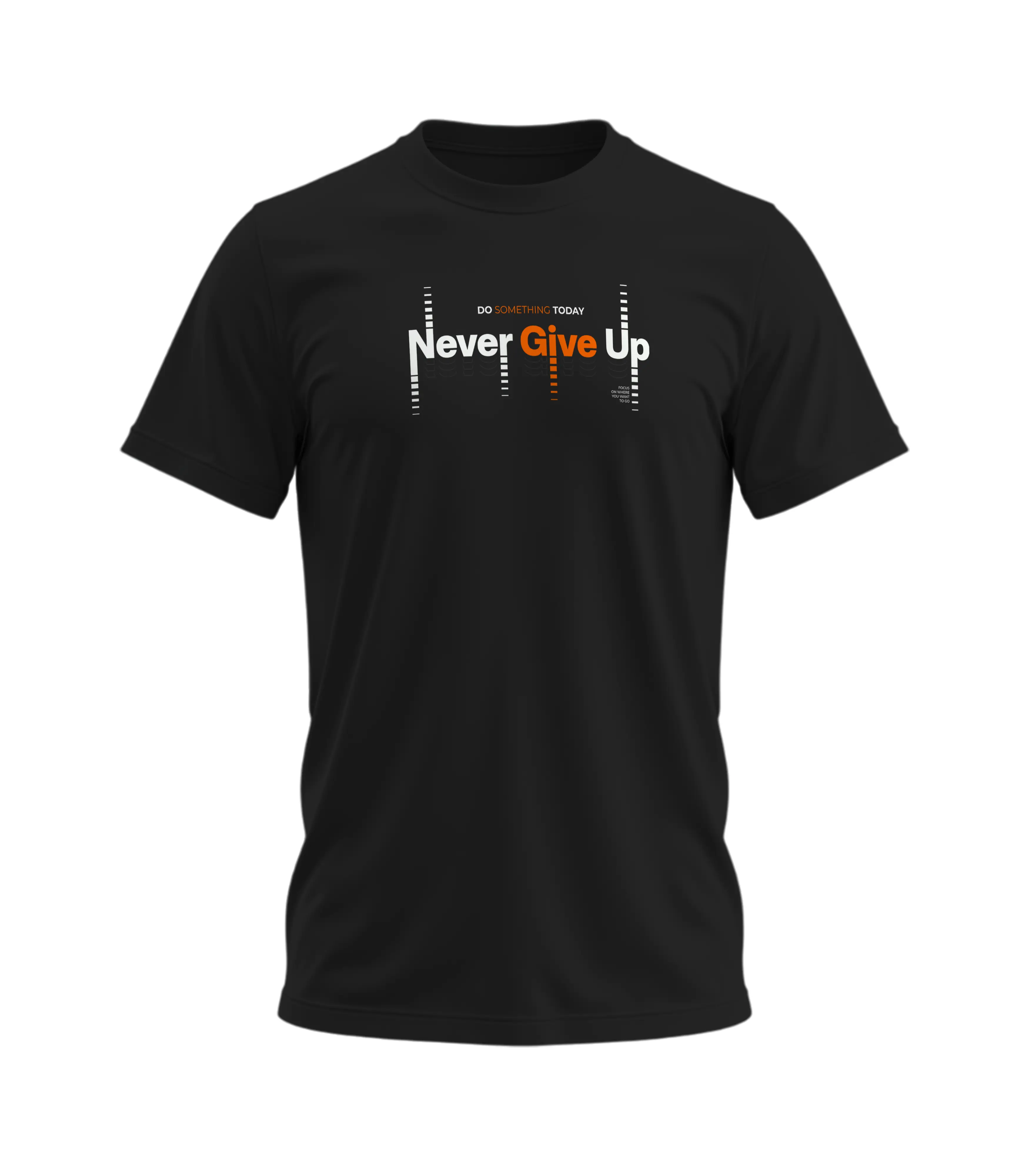 Black t-shirt with 'Never Give Up' text design on a white background