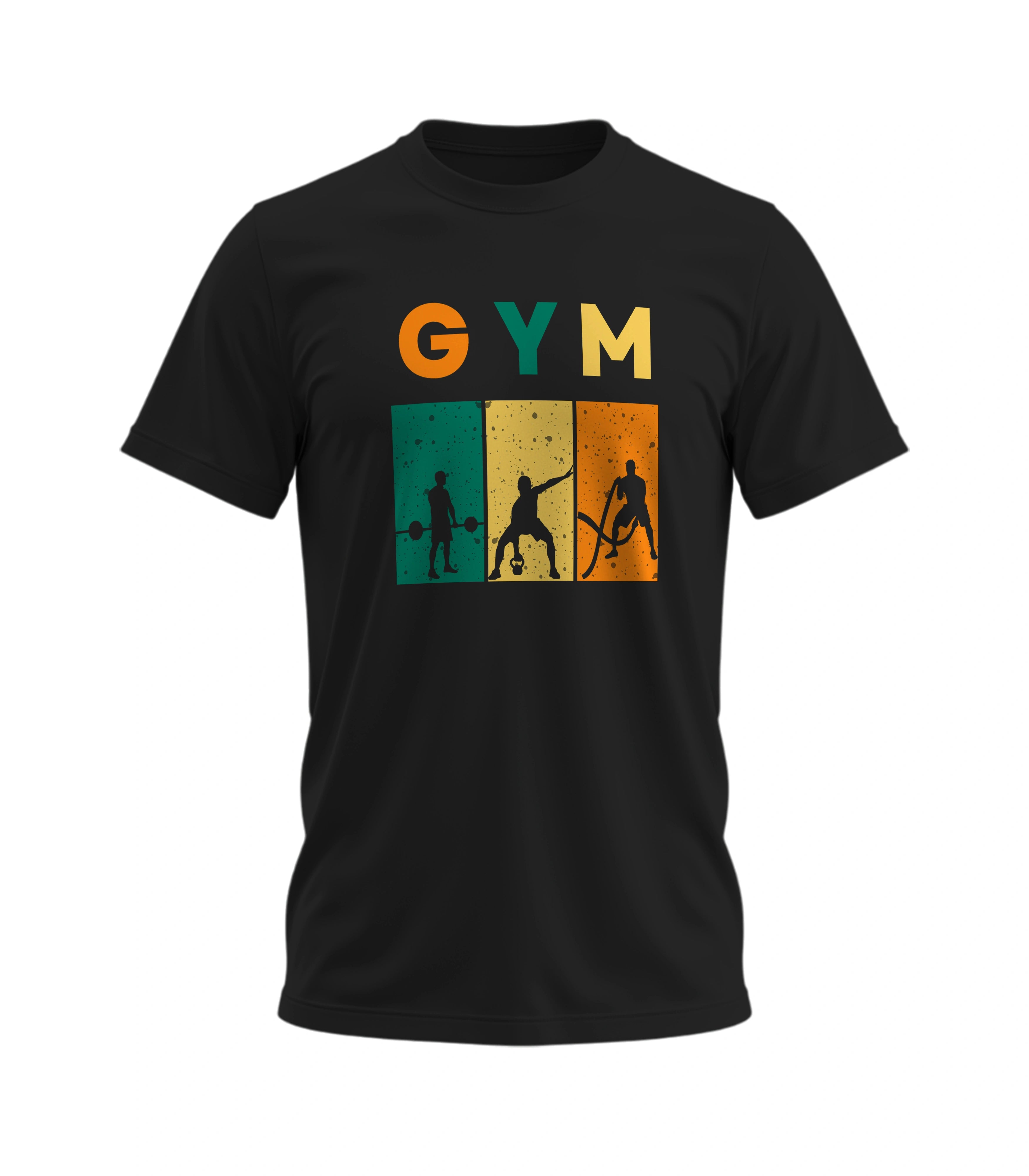 Black t-shirt with 'GYM' graphic design on a white background
