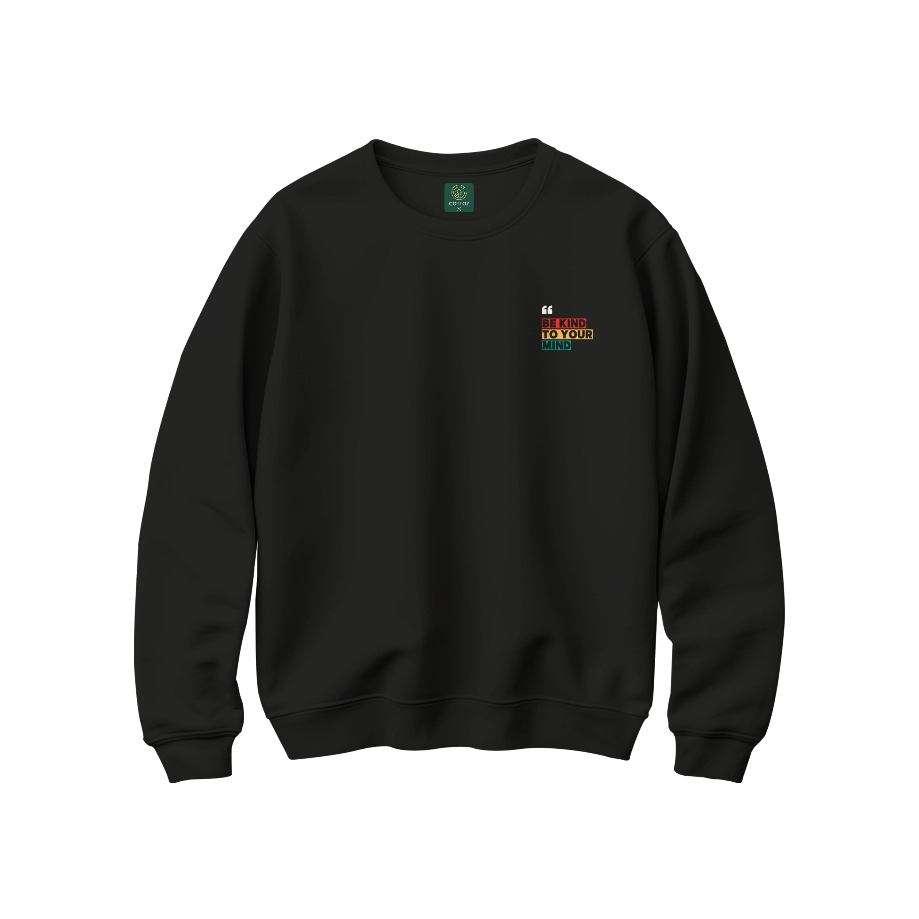 Black sweatshirt with a colorful logo on the chest against a white background