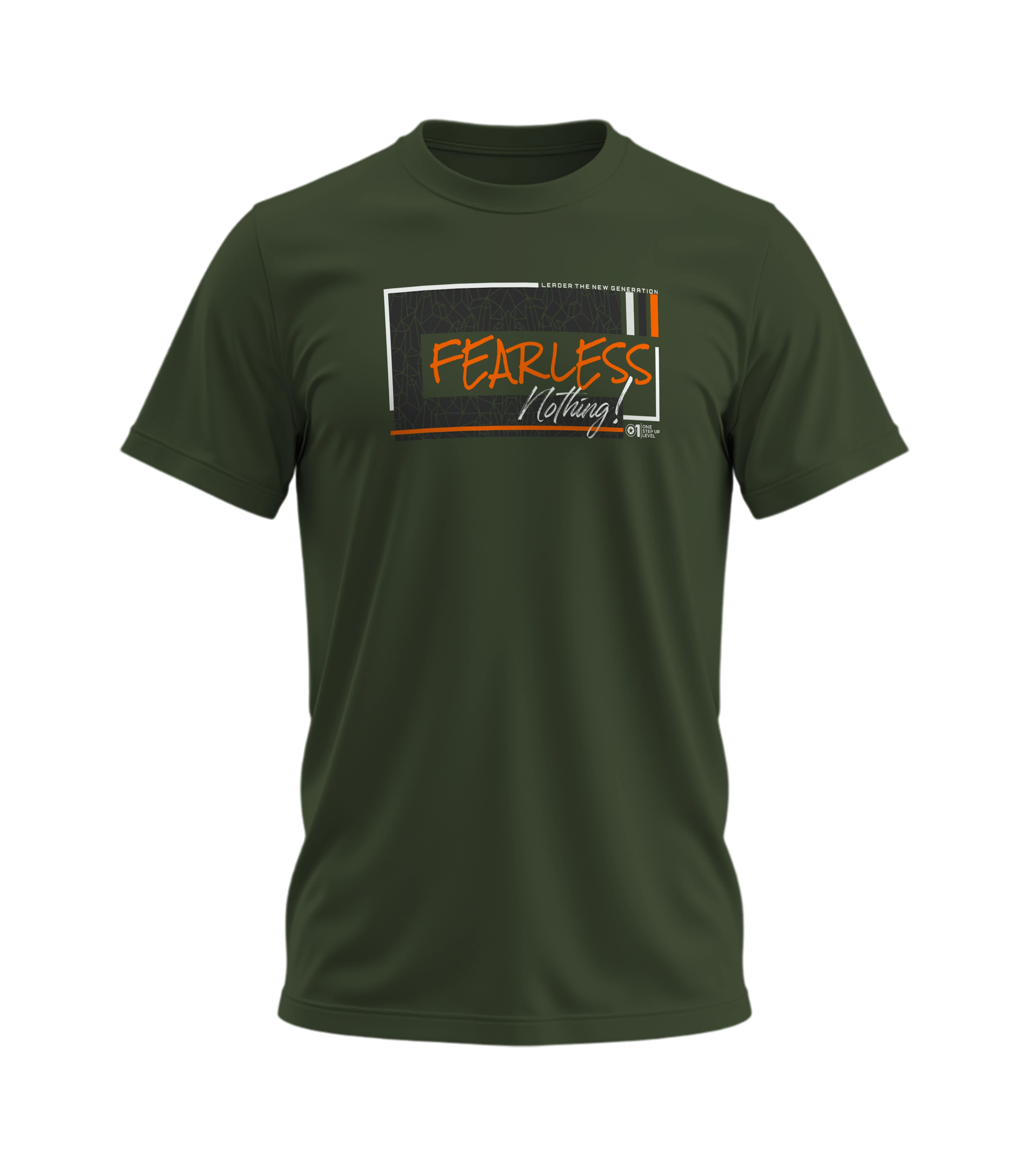 Green t-shirt with 'Fearless Clothing' text on a white background
