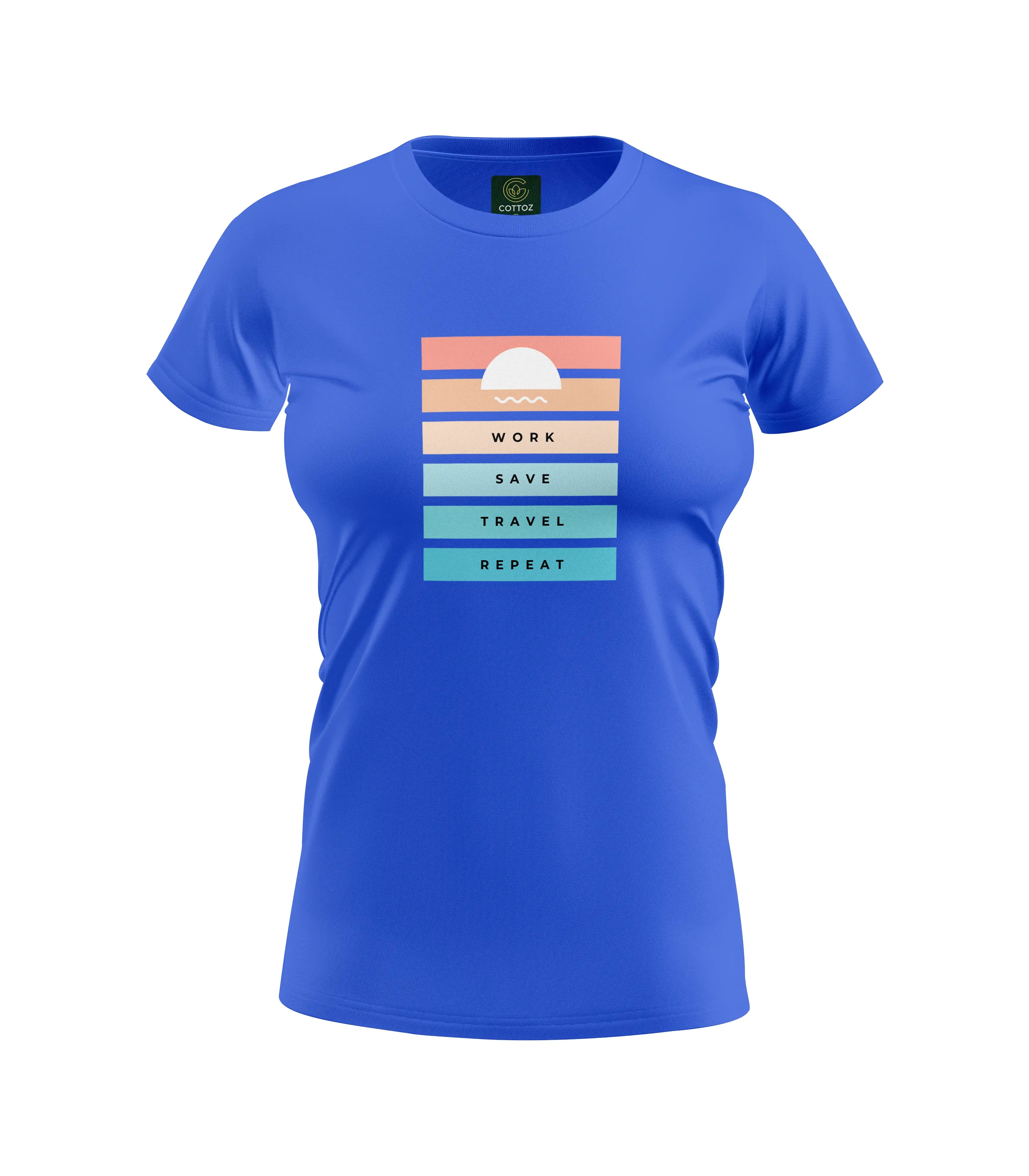 Blue t-shirt with colorful graphic and text on a white background