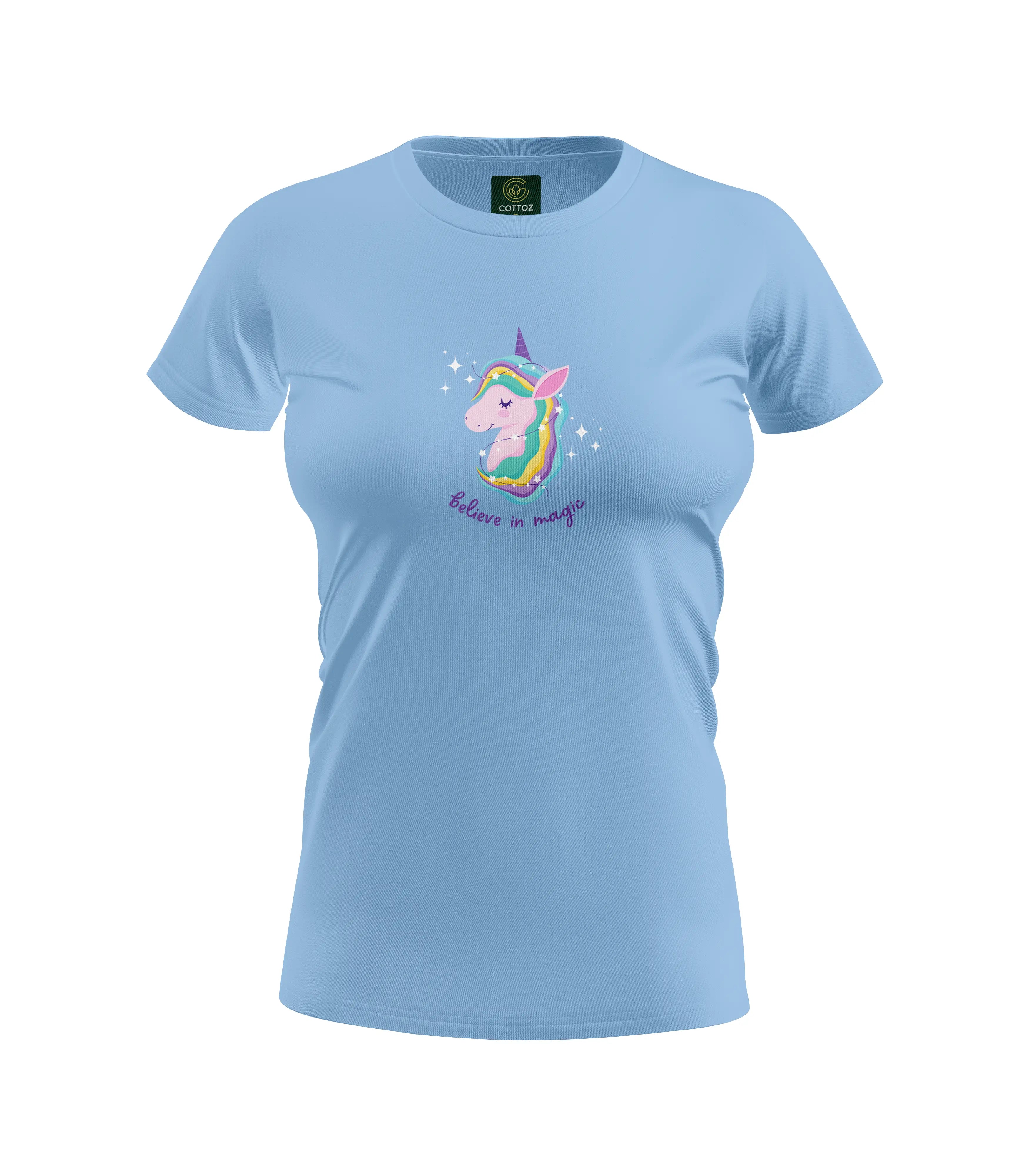 Light blue t-shirt with a unicorn graphic and text on a white background