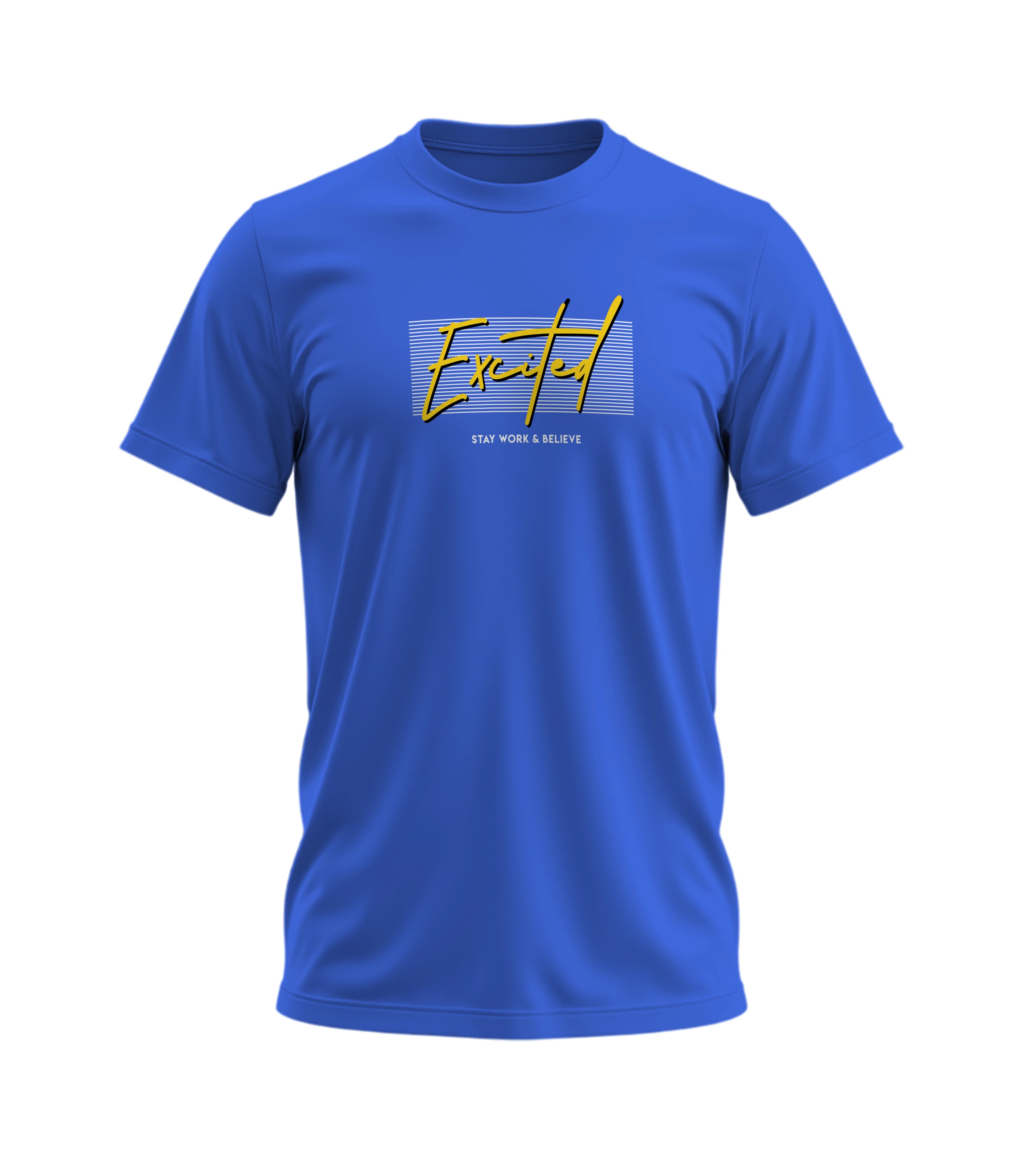 Blue t-shirt with yellow text on a white background