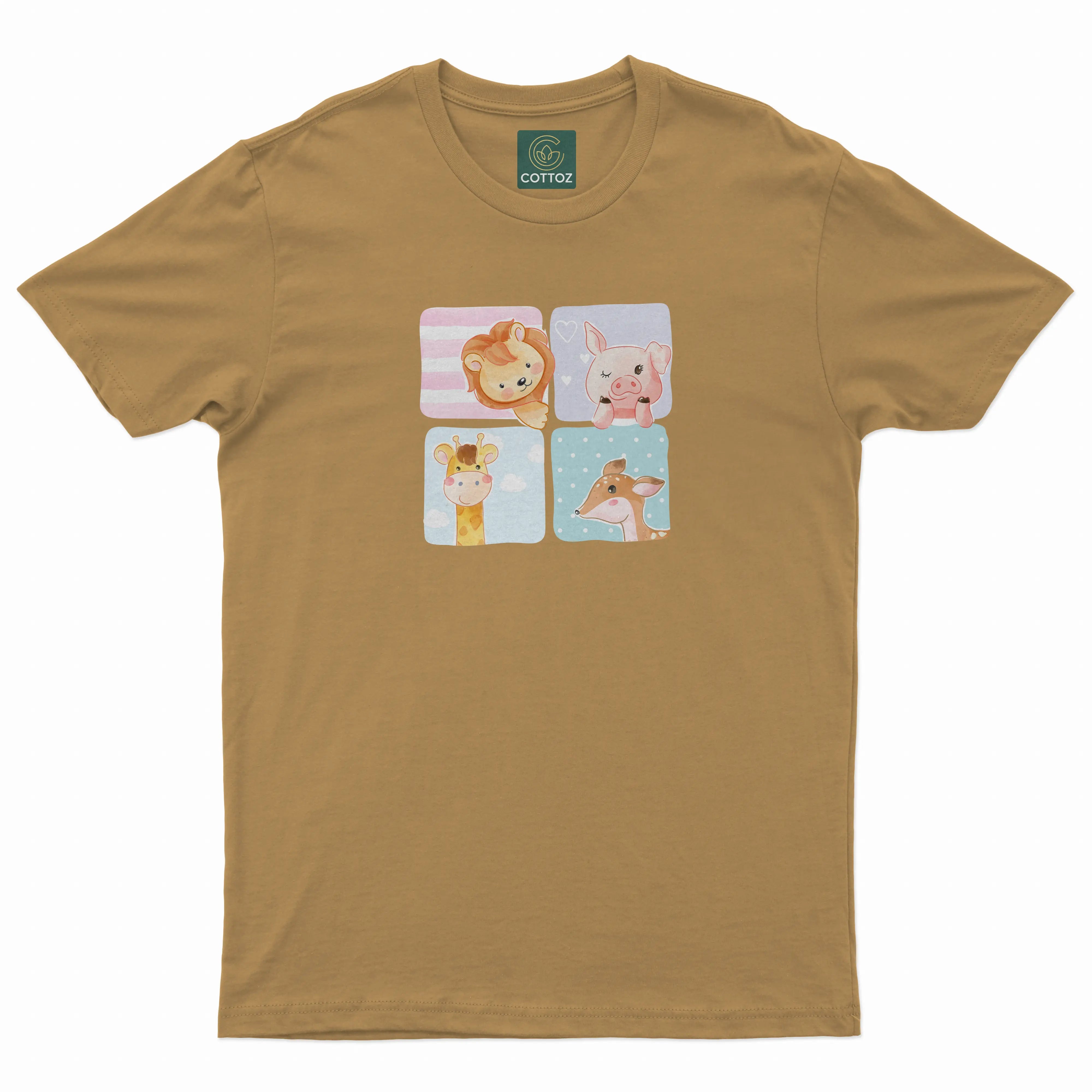 Brown t-shirt with cartoon animal designs on a white background