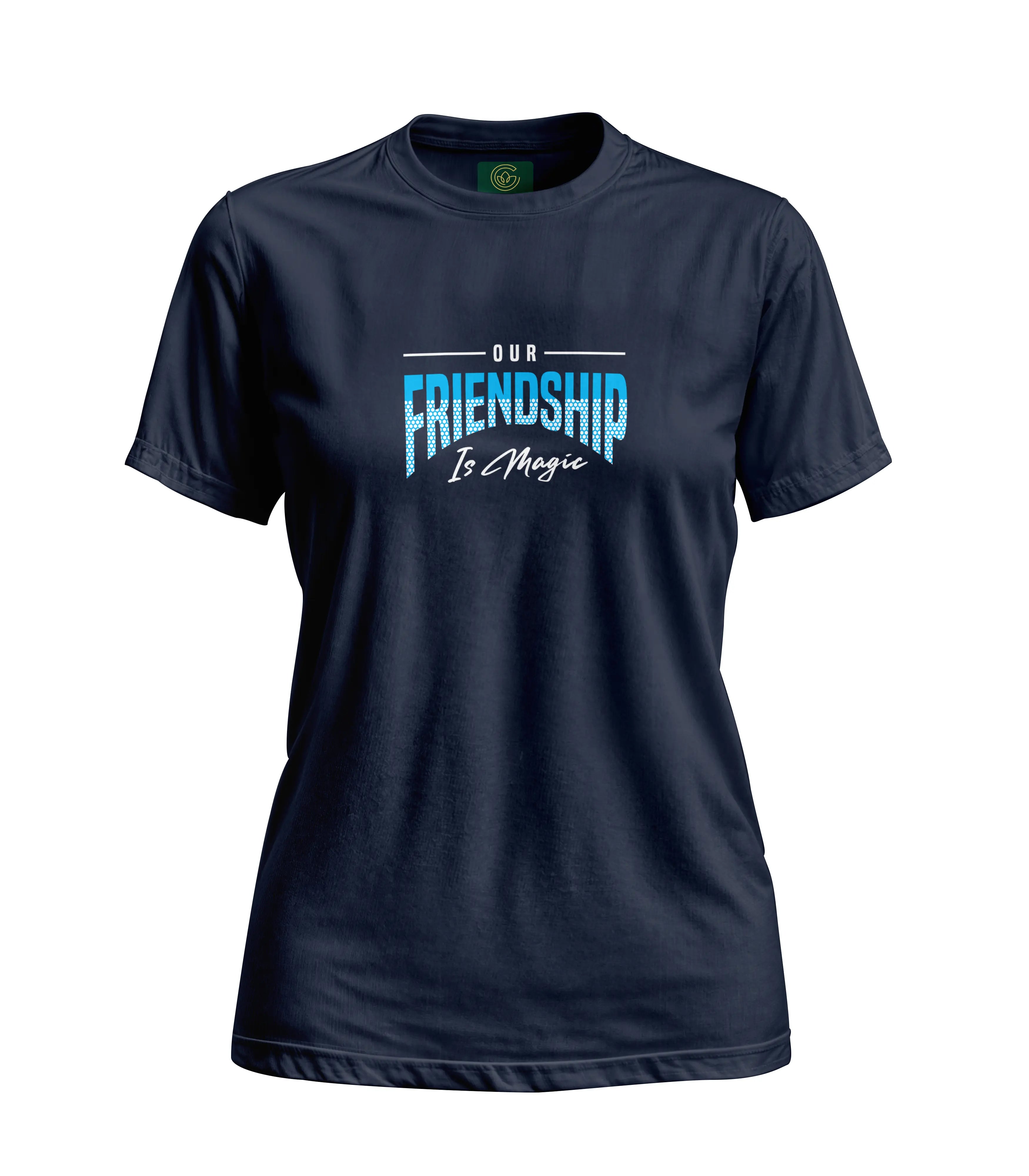 Navy blue t-shirt with 'Our Friendship Is Magic' text on a white background