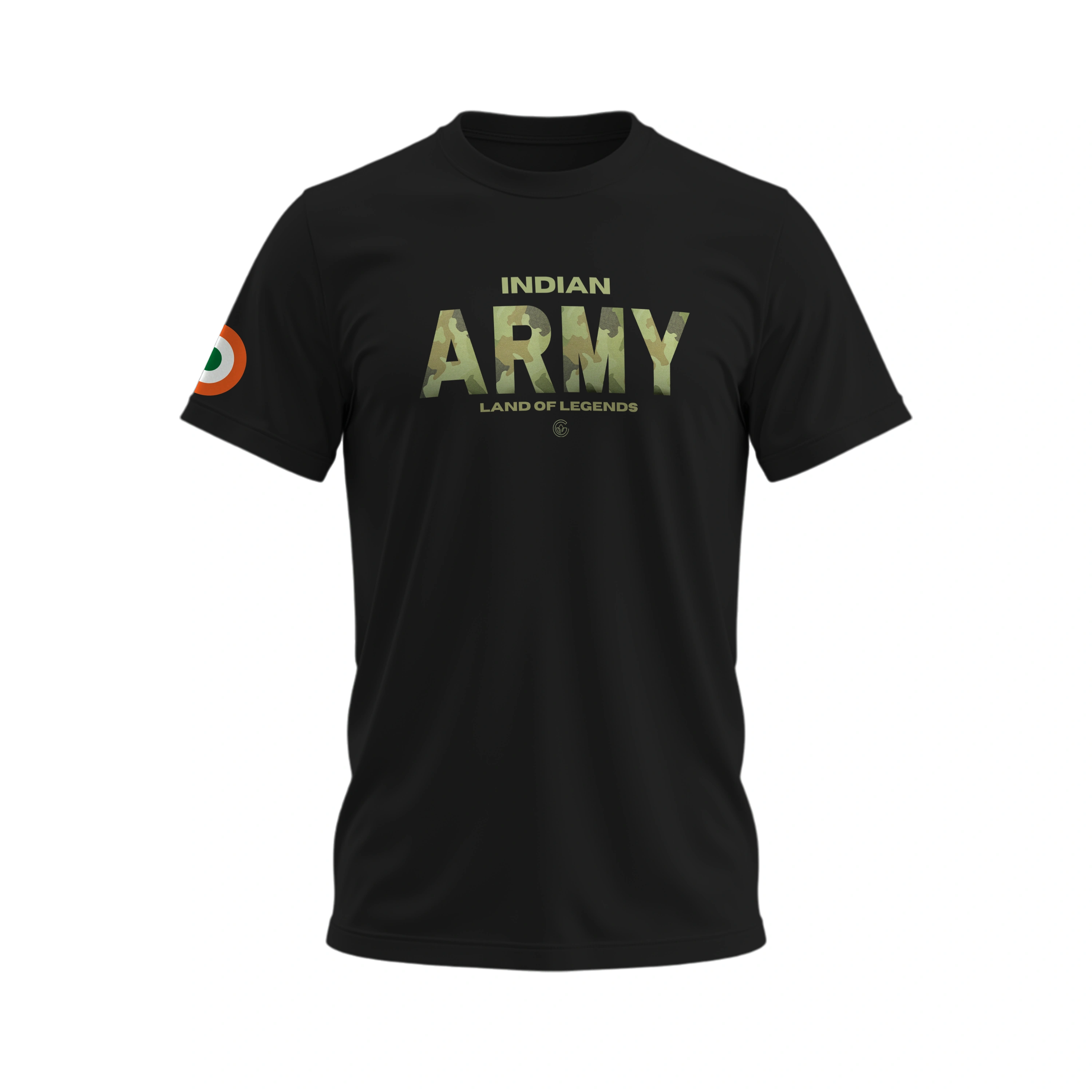 Black t-shirt with 'Indian Army Land of Legends' text on a white background