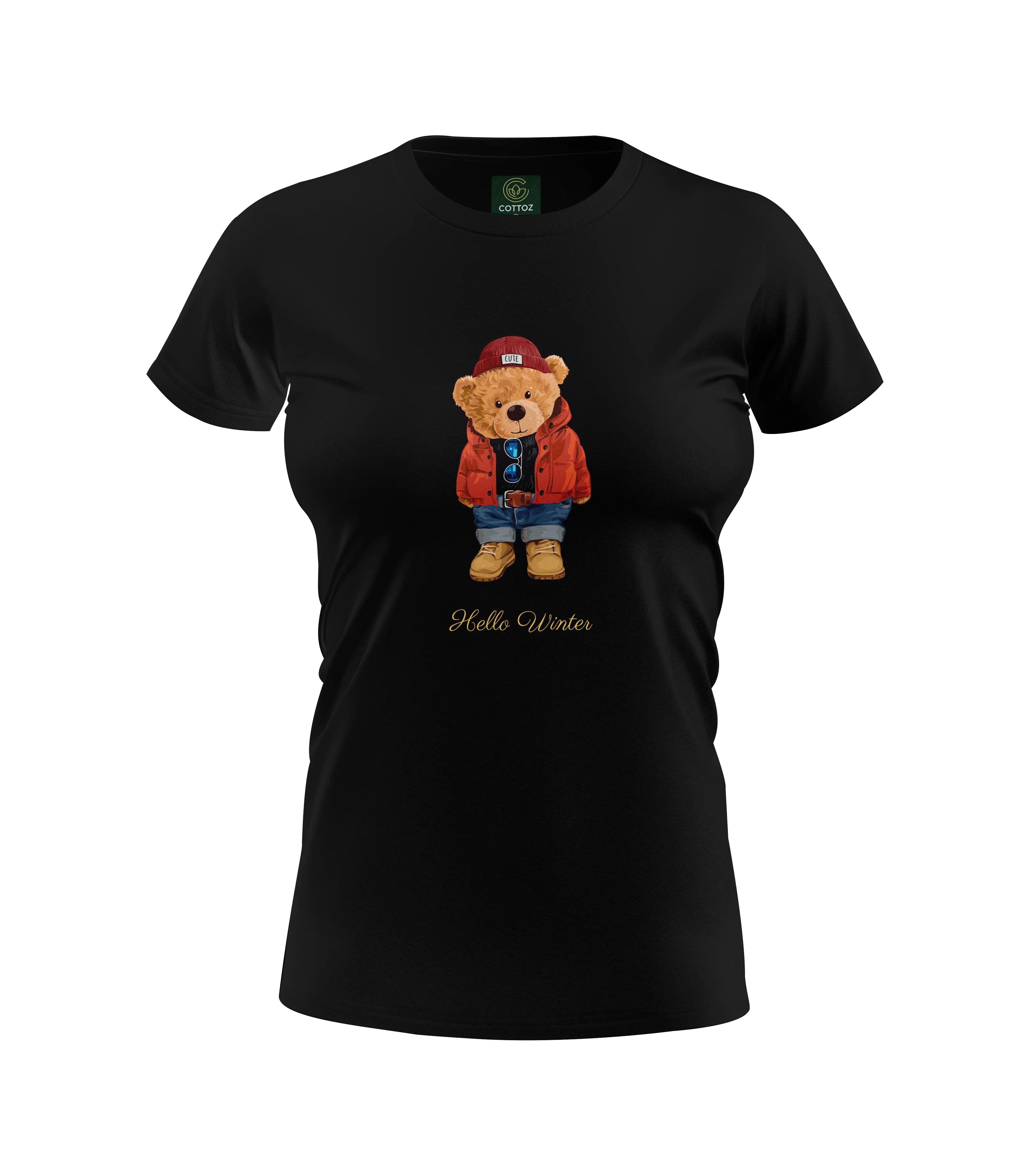 Black t-shirt with a teddy bear graphic and 'Hello Winter' text on a white background