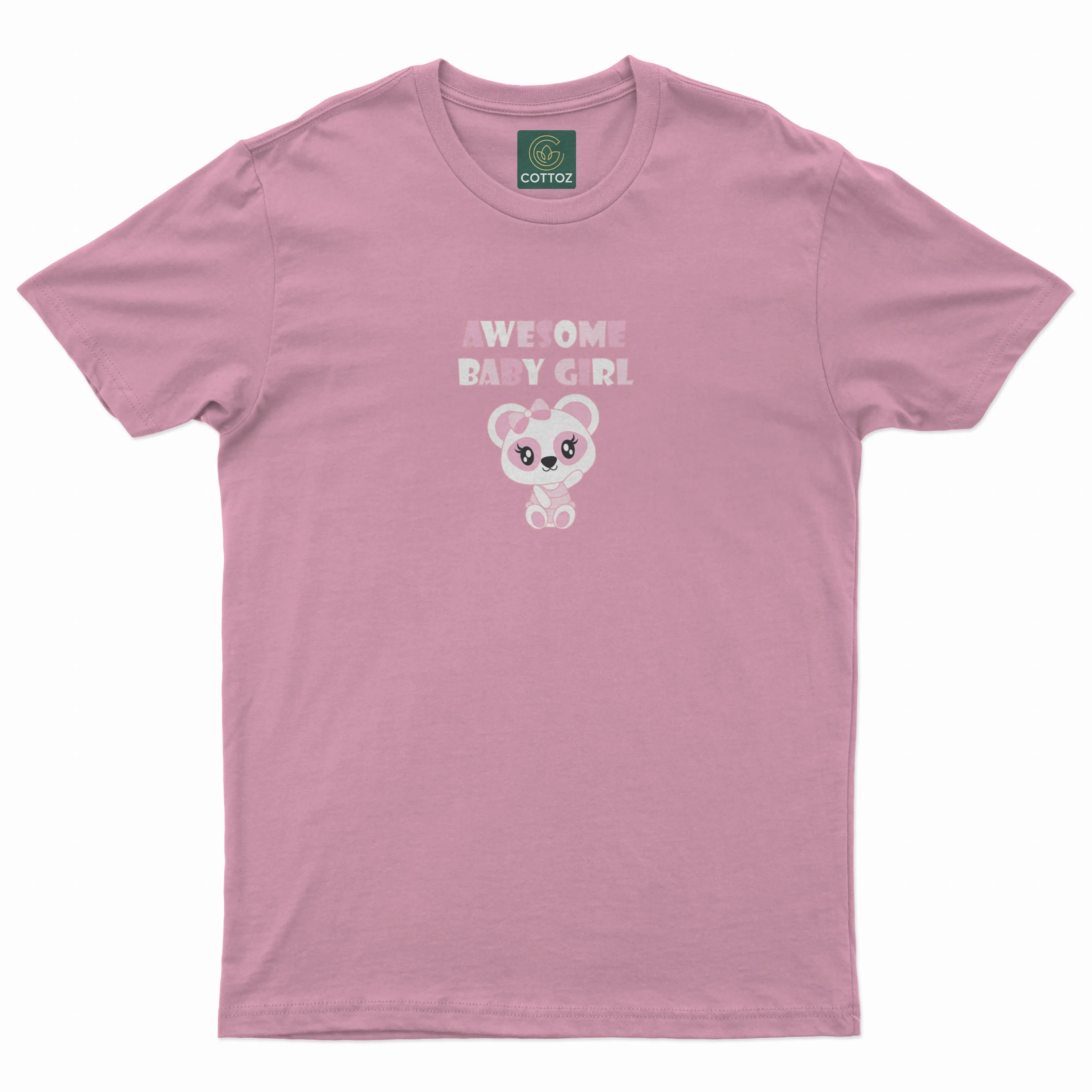 Pink t-shirt with a graphic of a bear and text 'Welcome Baby Girl' on a white background