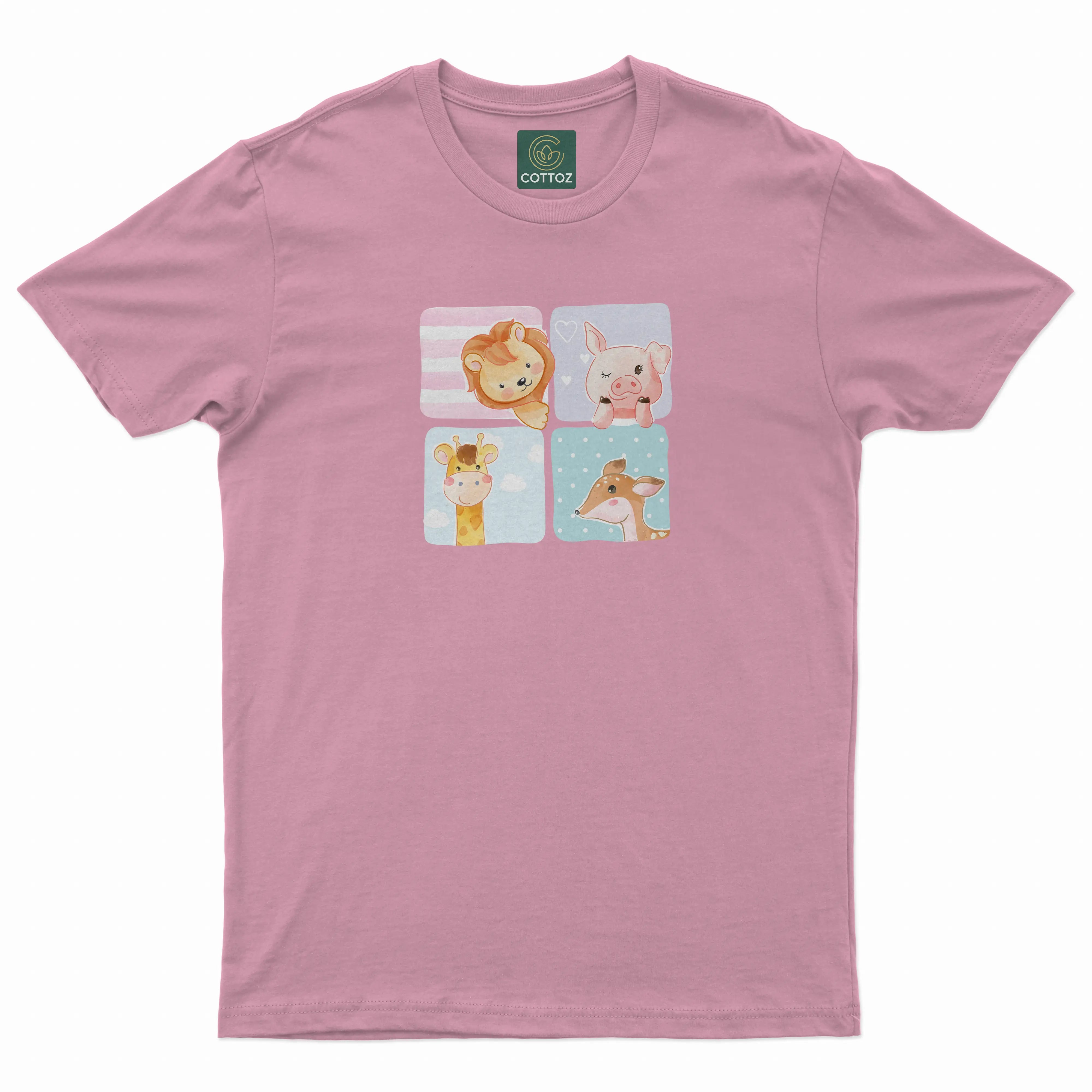 Pink t-shirt with animal illustrations on a white background
