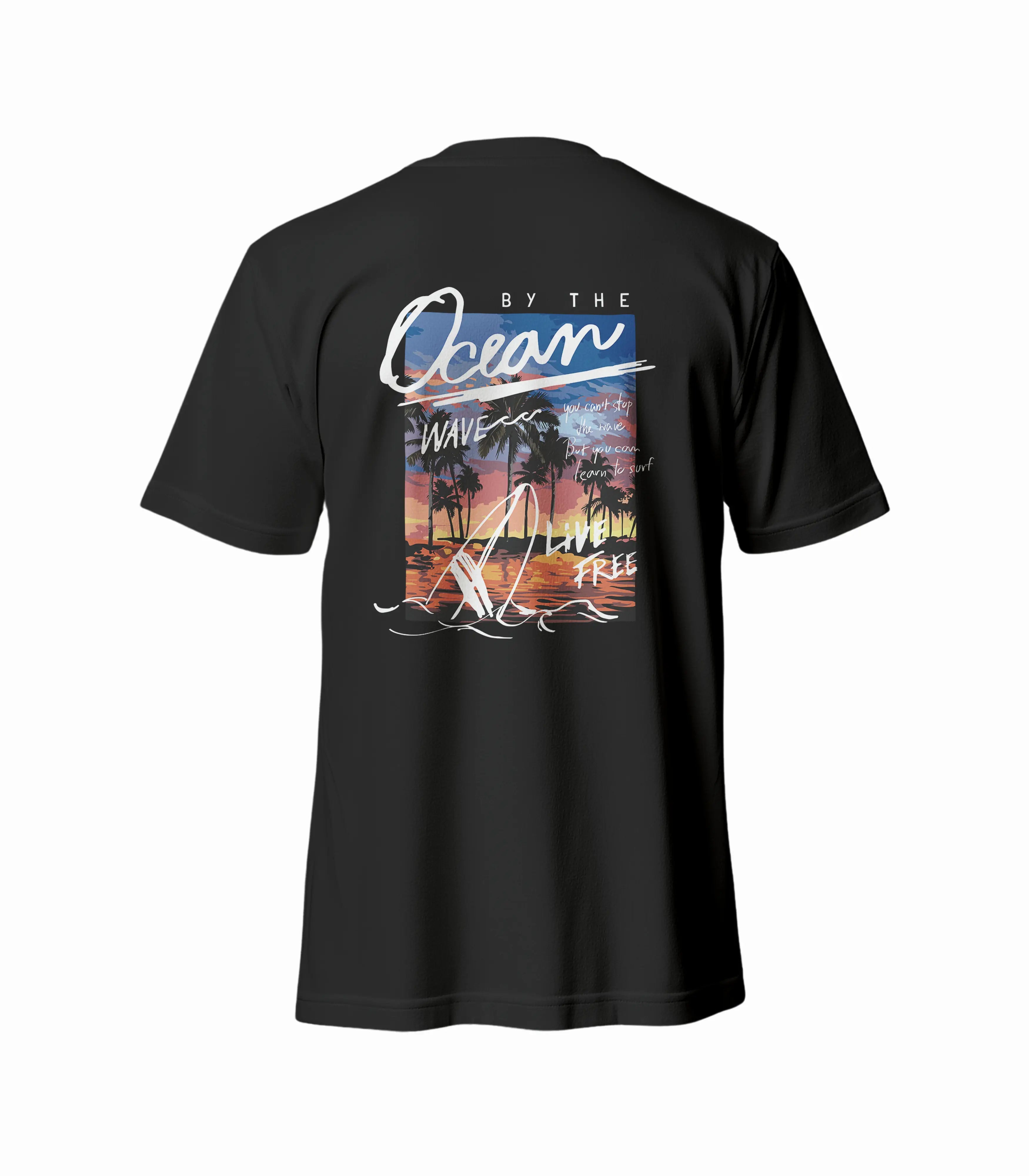 Black t-shirt with a beach-themed graphic and text on a white background