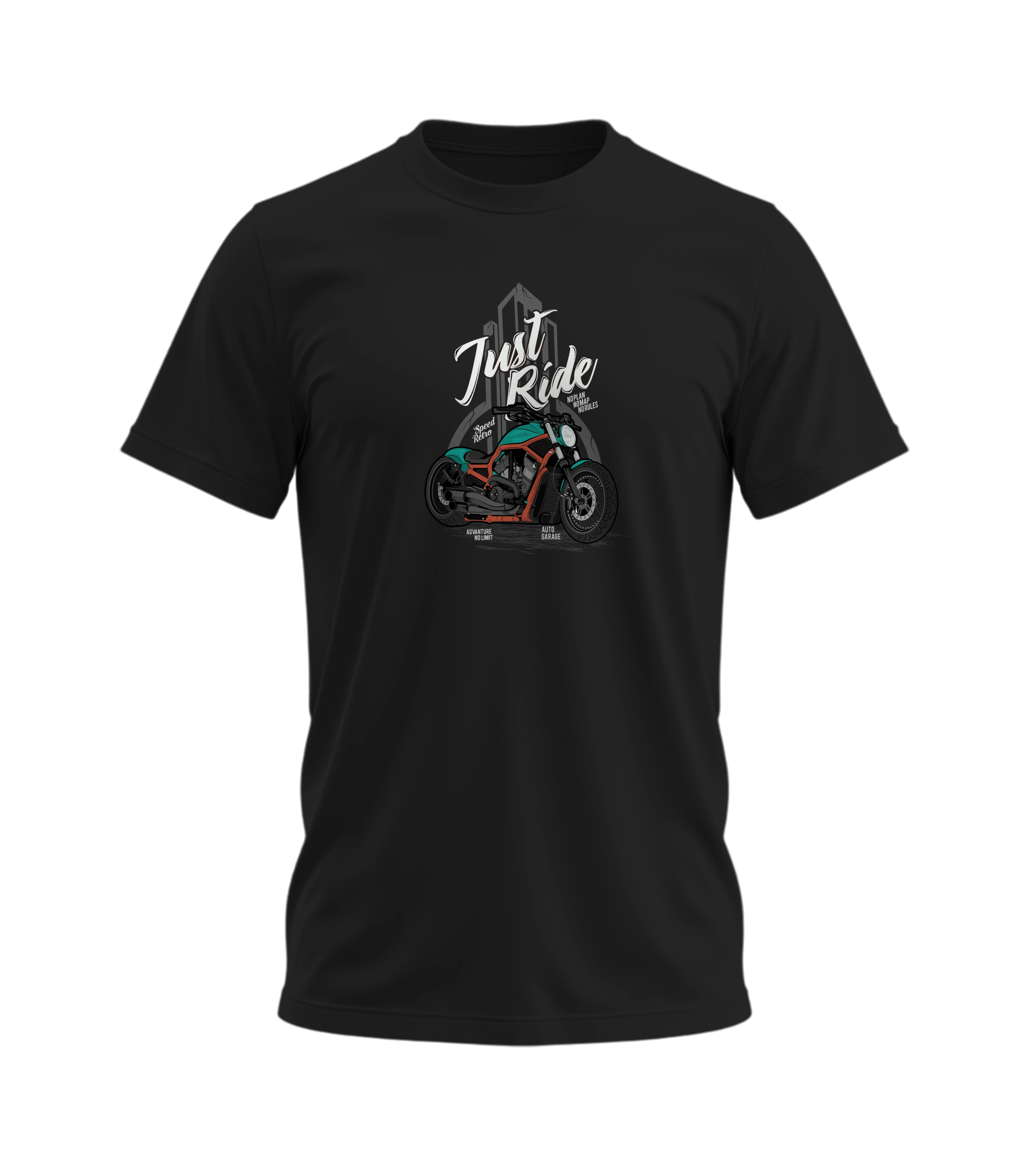 Black t-shirt with a graphic design and text on a white background