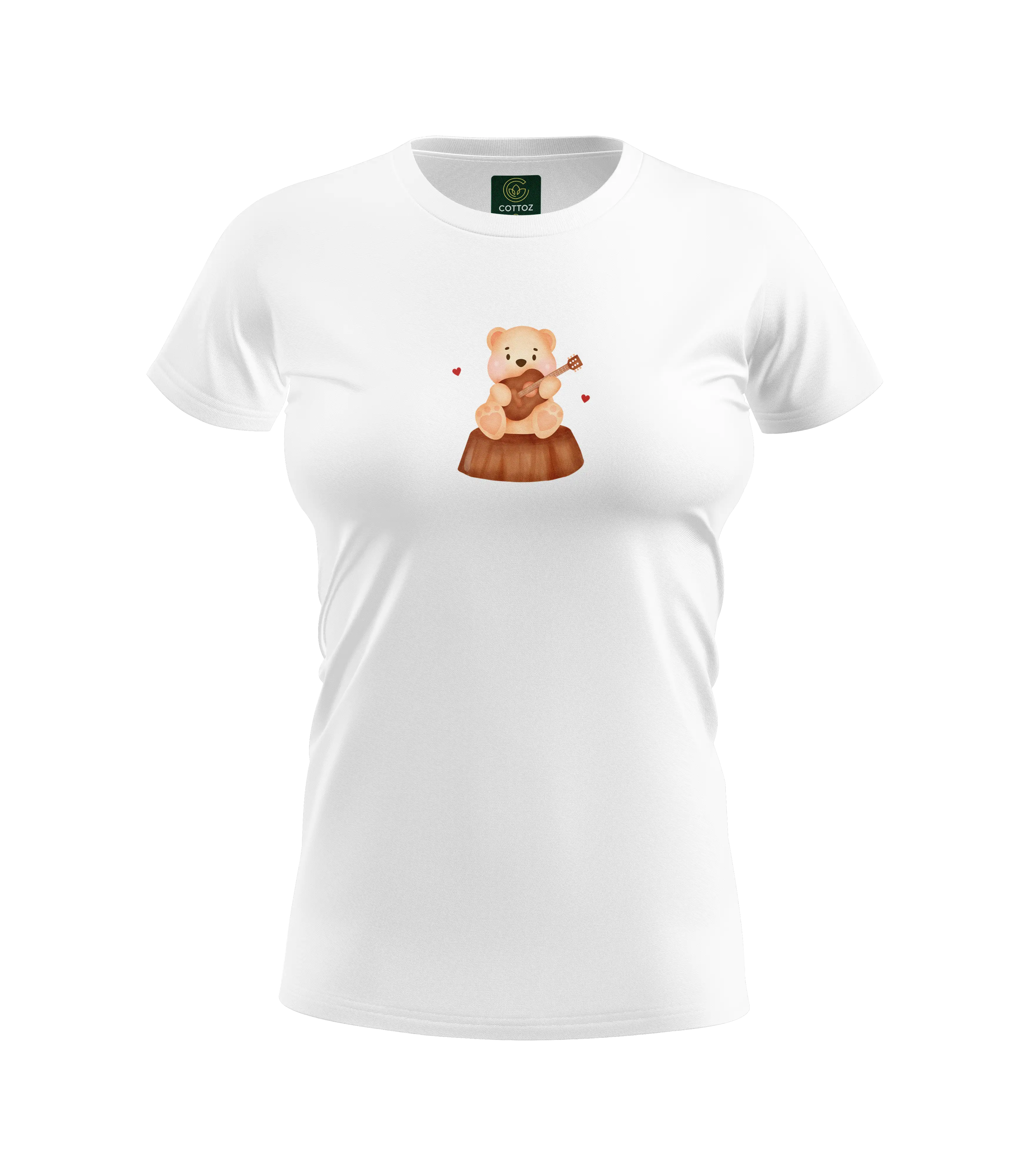 White t-shirt with a bear playing a guitar graphic on a white background