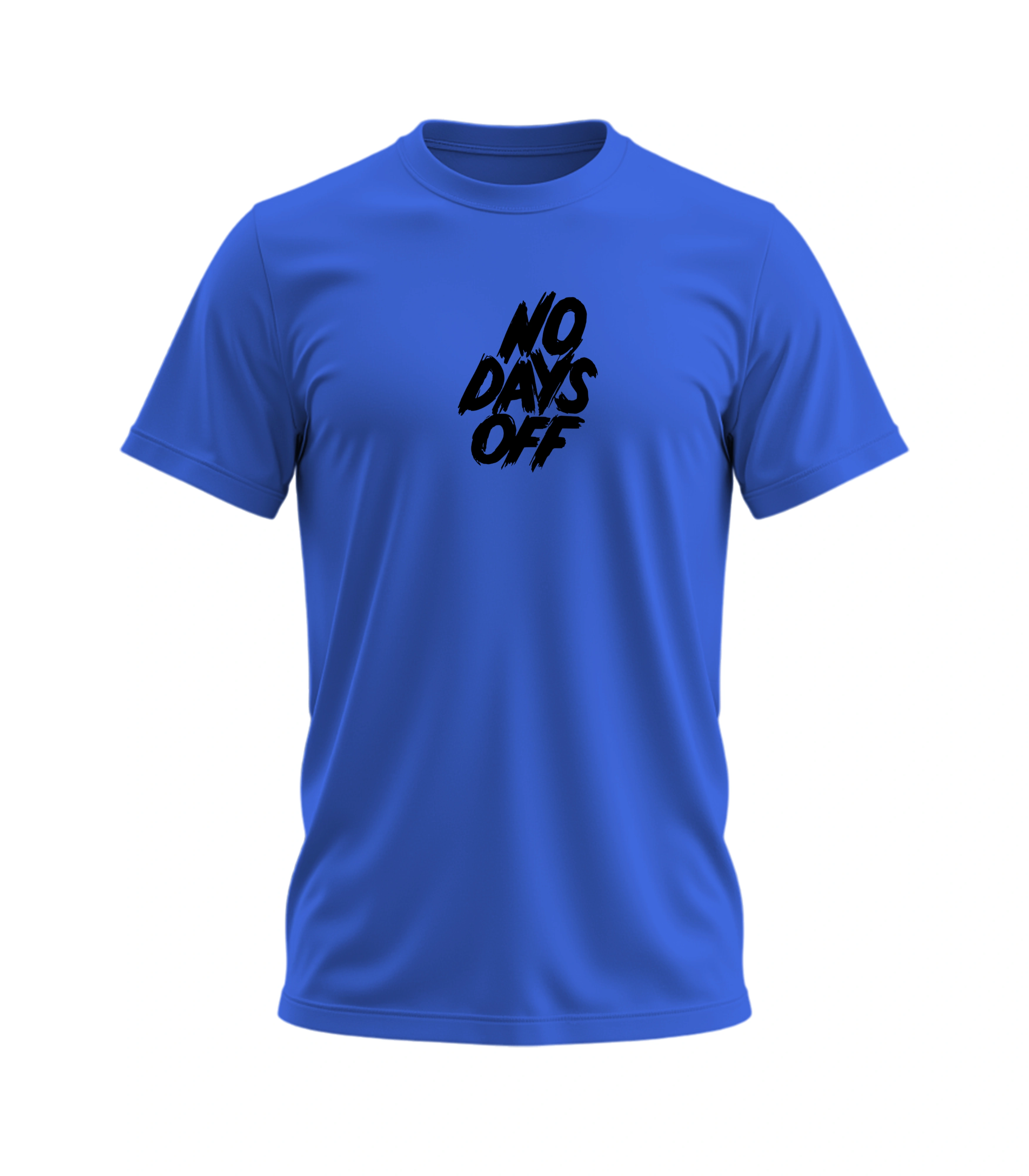 Blue t-shirt with 'NO DAYS OFF' text on a white background