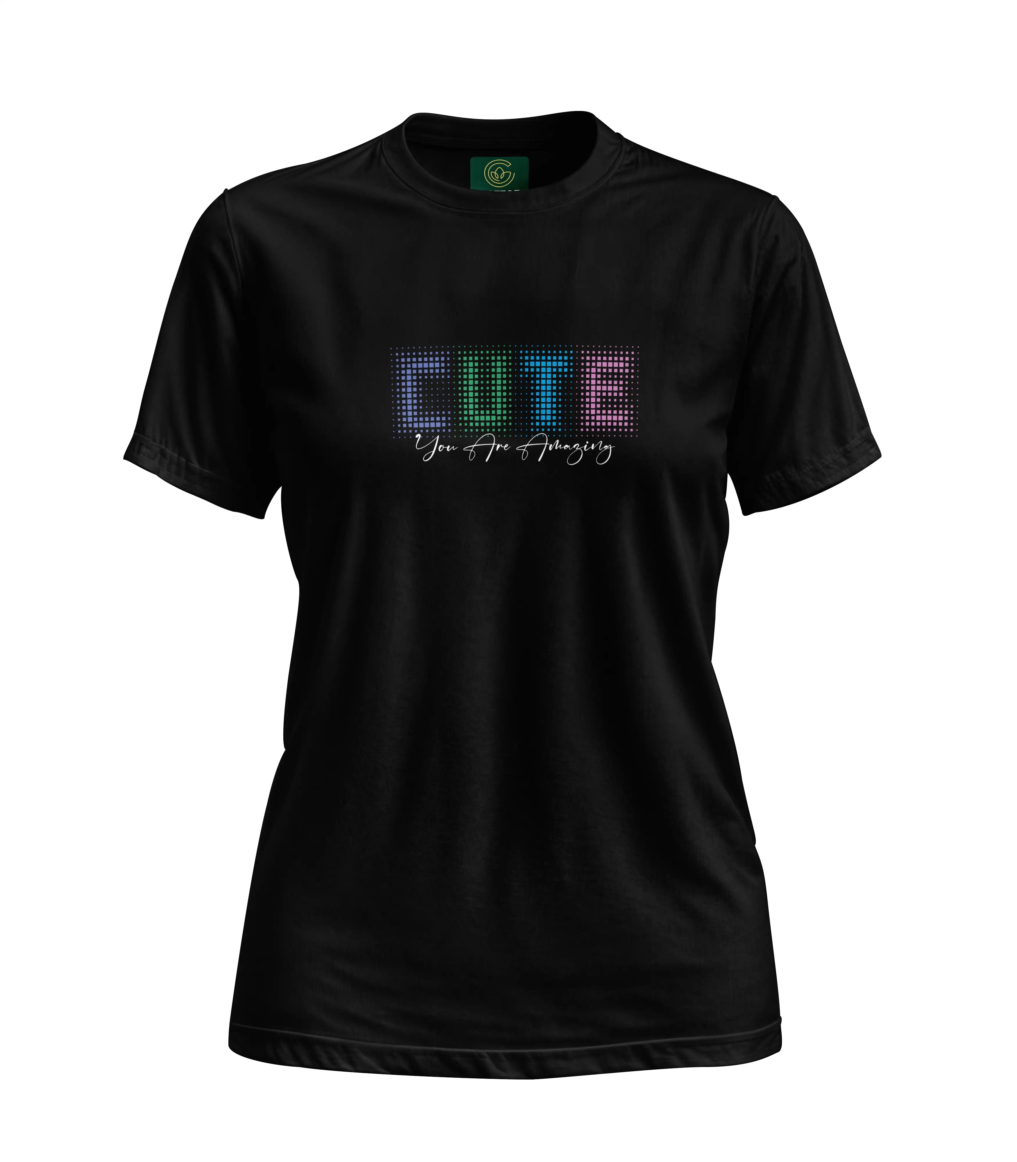 Black t-shirt with colorful 'CUTE' text on a white background