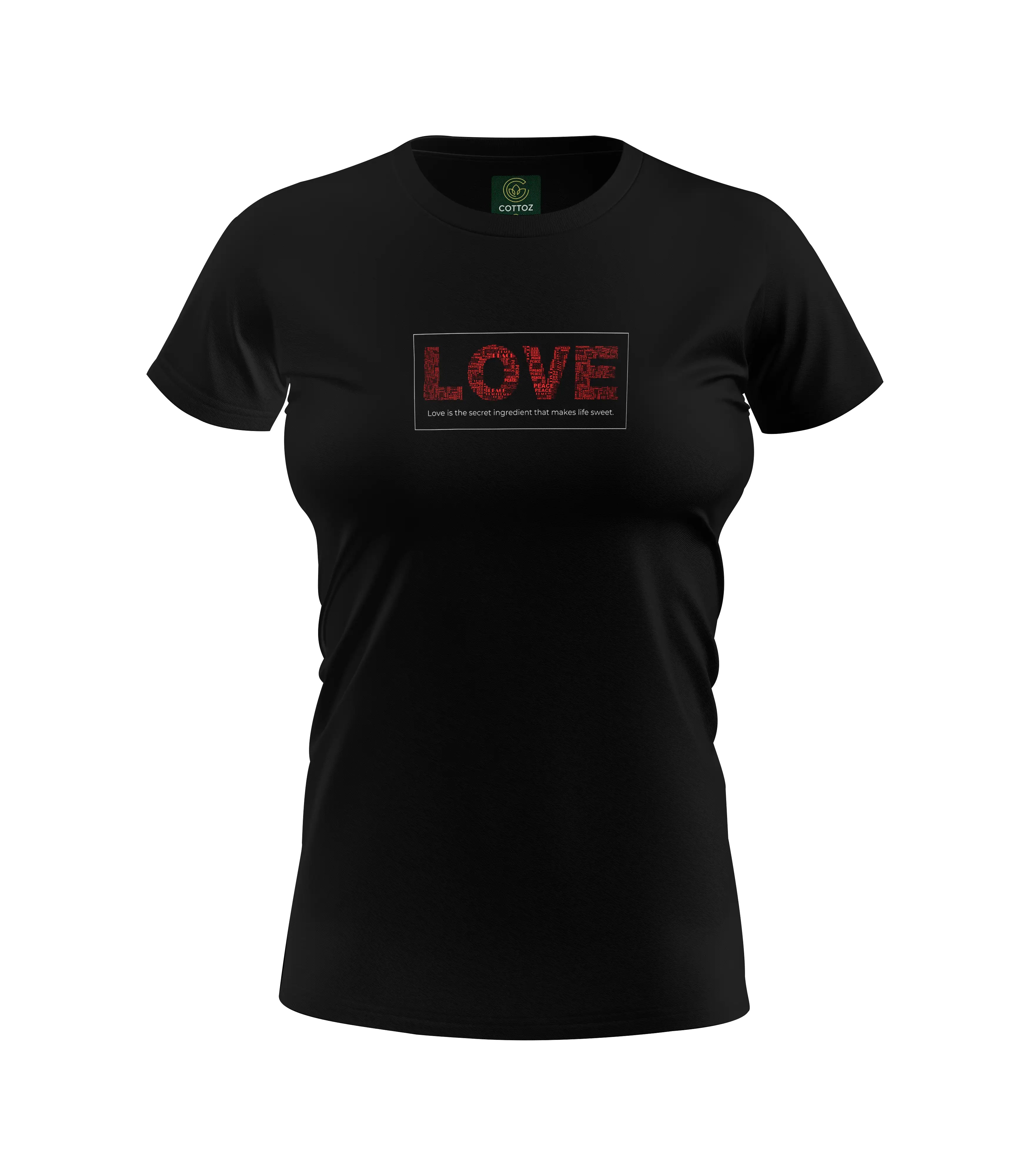 Black t-shirt with 'LOVE' text design on a white background