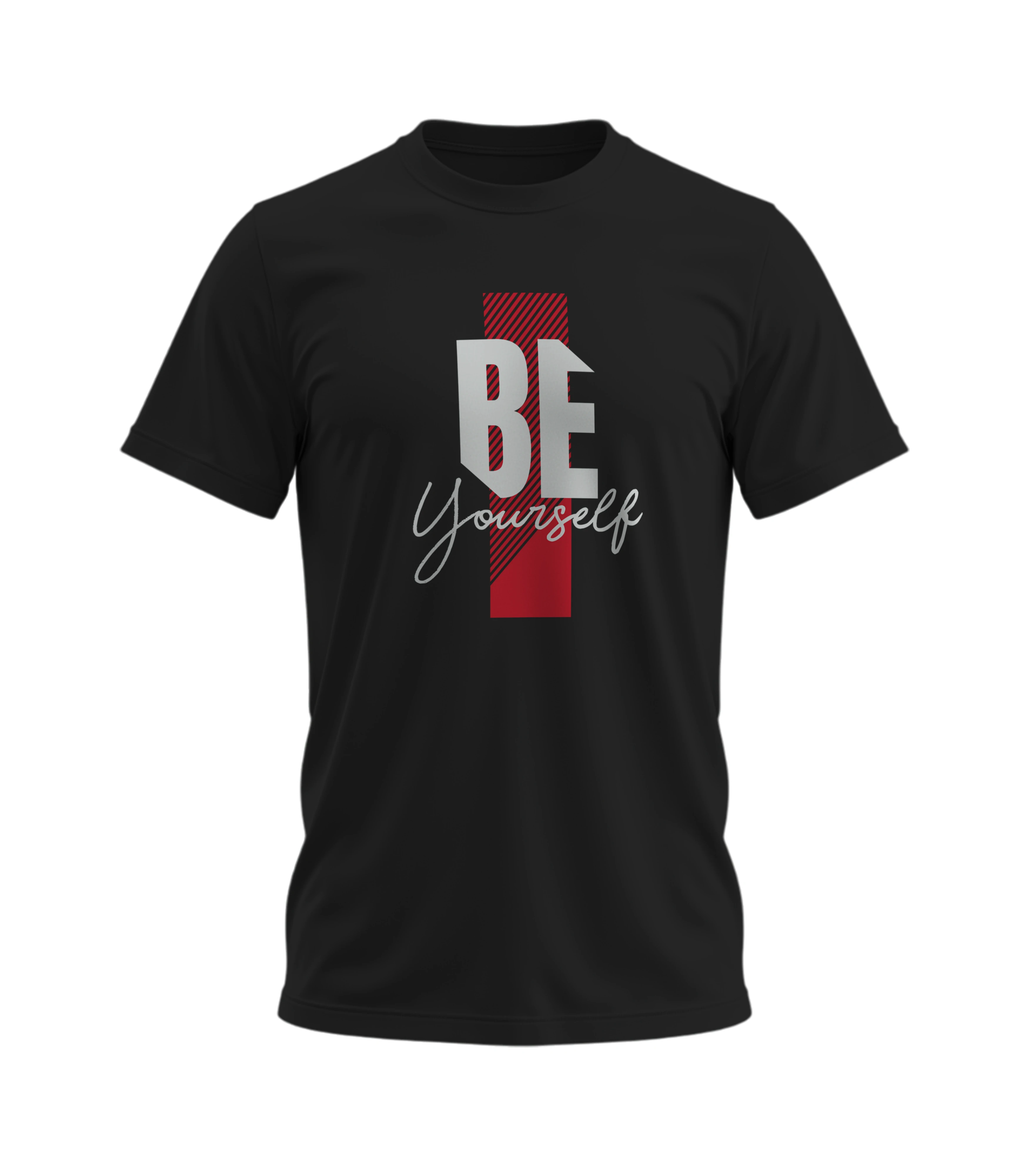 Black t-shirt with 'BE yourself' text design on a white background