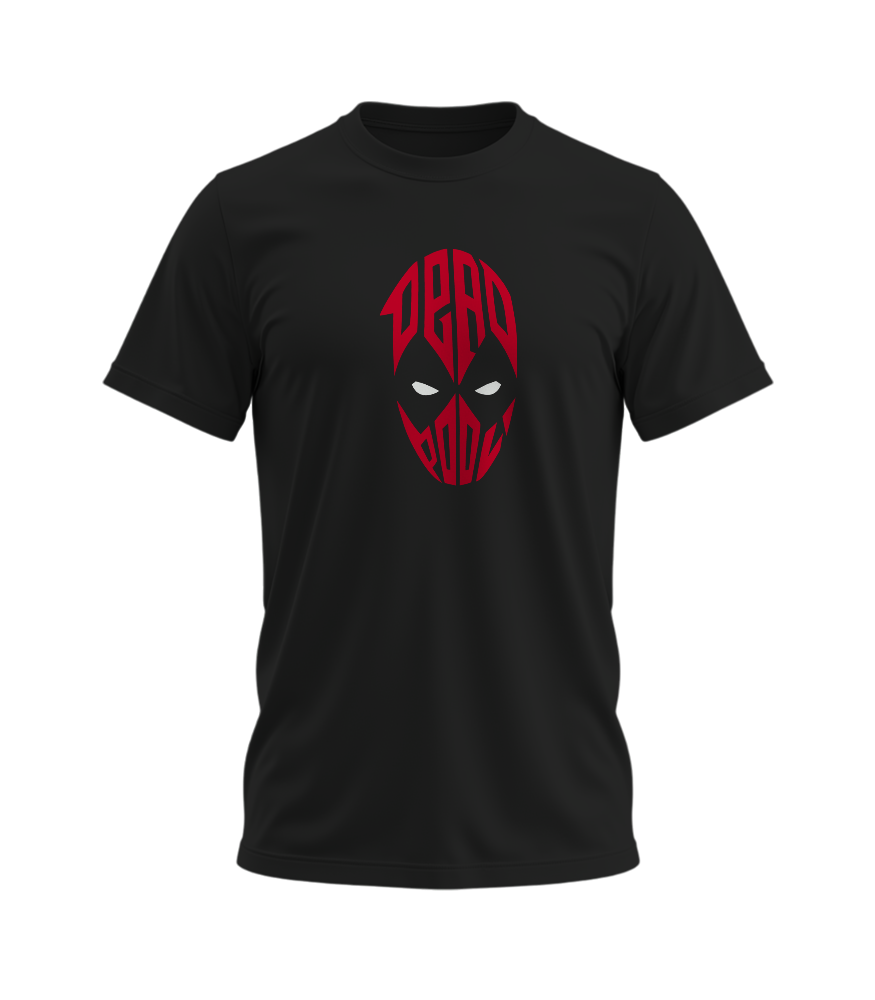 Black t-shirt with red 'DEADPOOL' logo on a white background