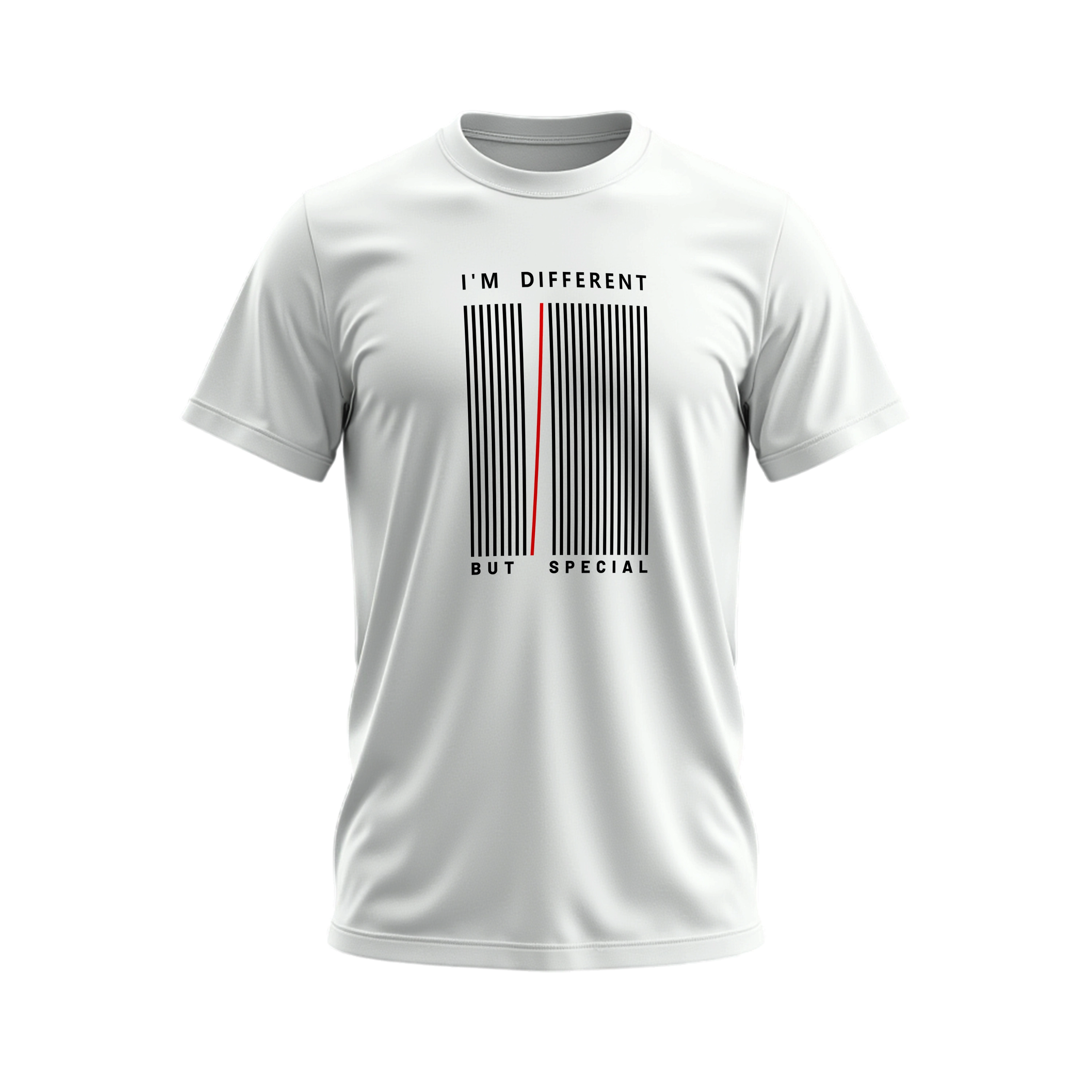 White t-shirt with a barcode design and text on a white background