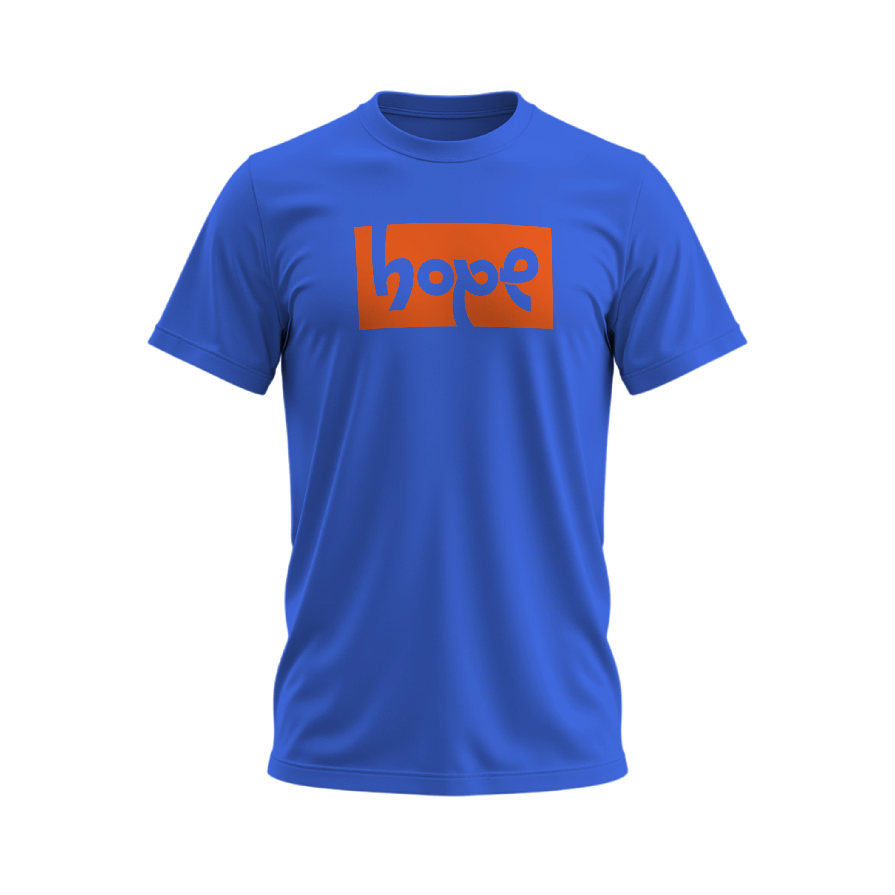 Blue t-shirt with 'hope' printed in orange on a white background