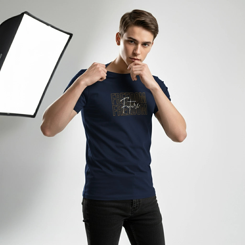 Person wearing a navy blue t-shirt with text, posing in front of studio lighting equipment.
