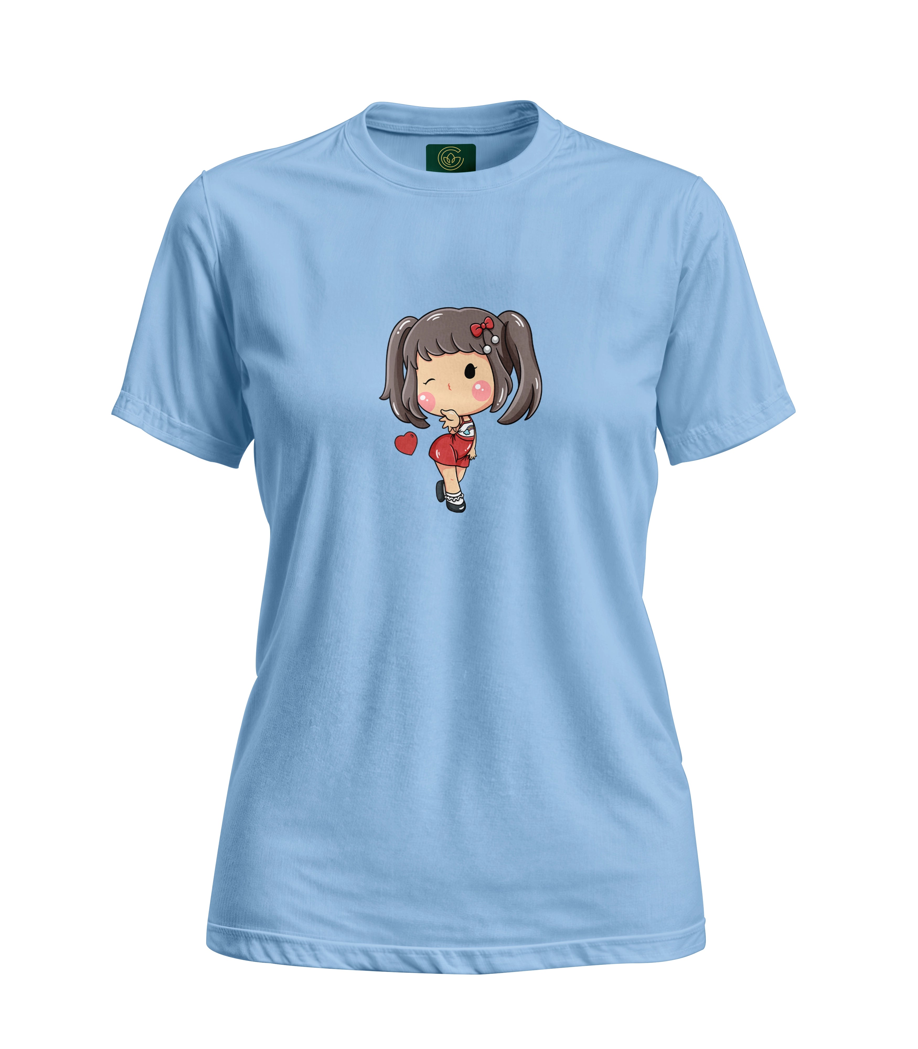 Light blue t-shirt with a cartoon character on a white background