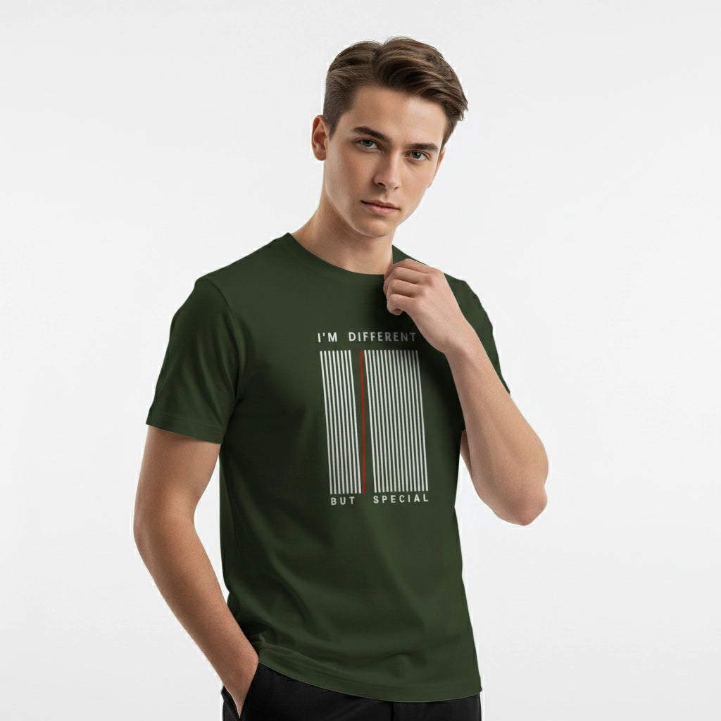 Man wearing a green t-shirt with text on a white background