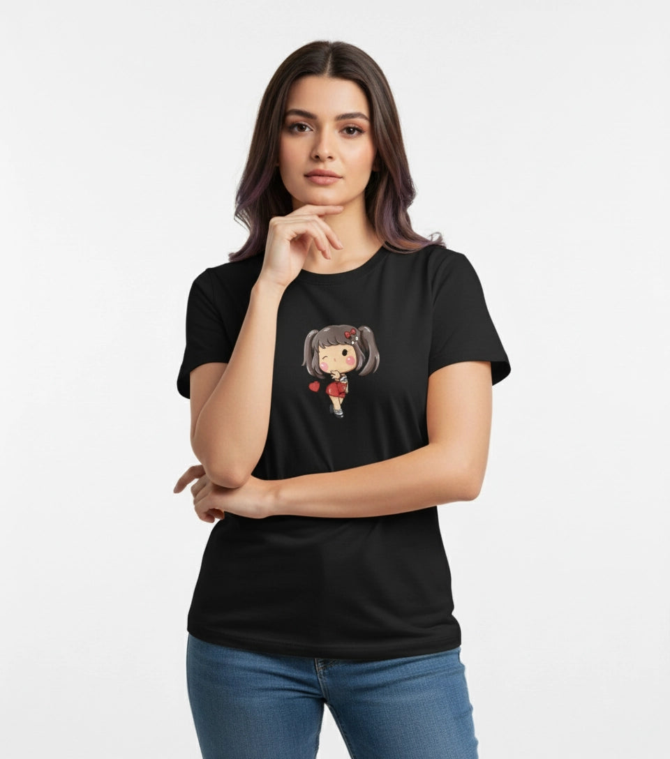 Woman wearing a black t-shirt with a graphic design on a white background
