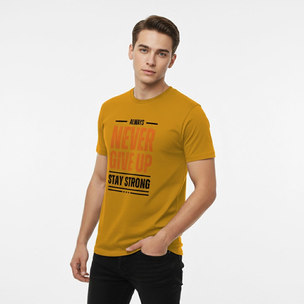 Man wearing a yellow t-shirt with motivational text on a white background