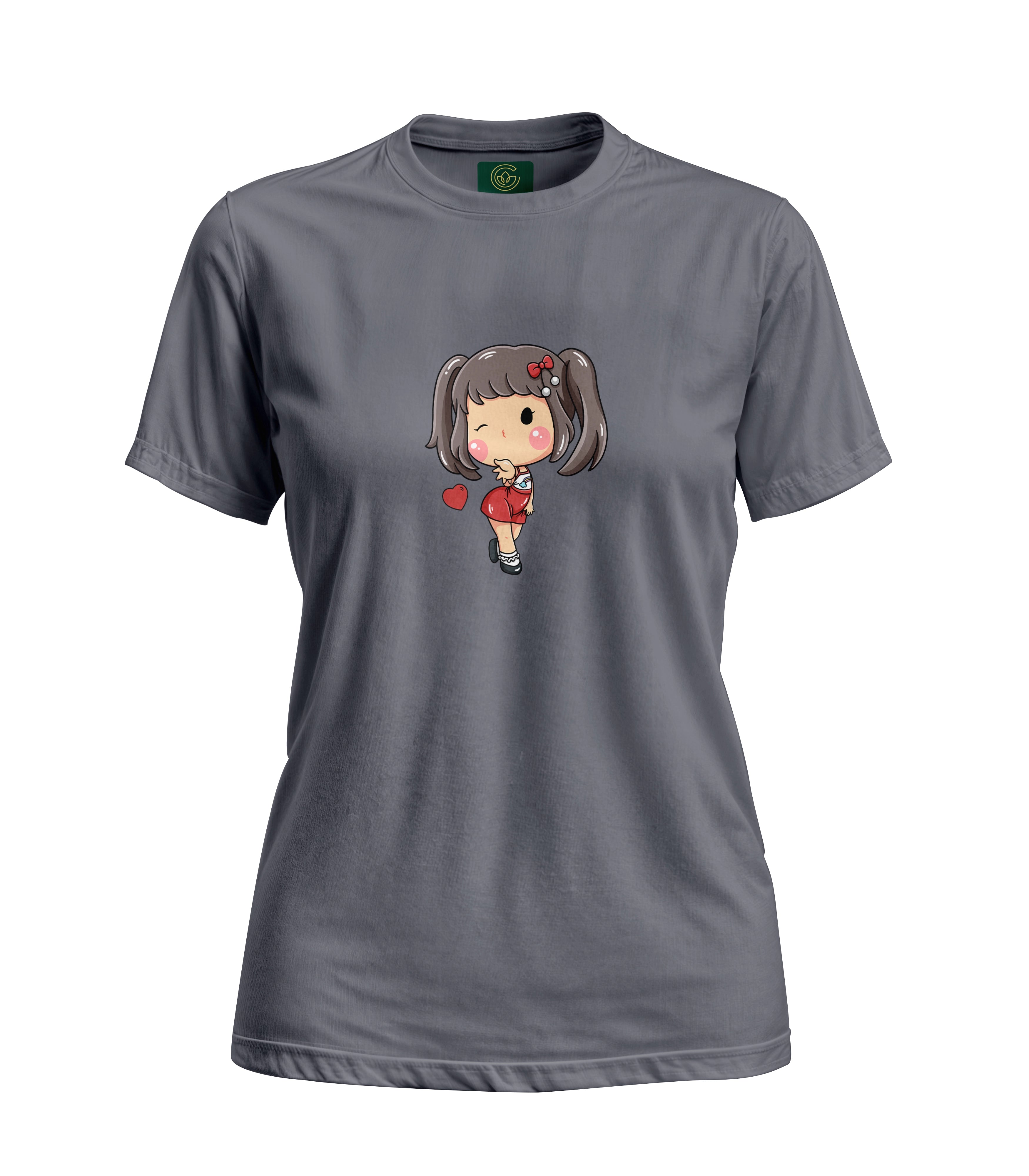 Gray t-shirt with a cartoon character on a white background