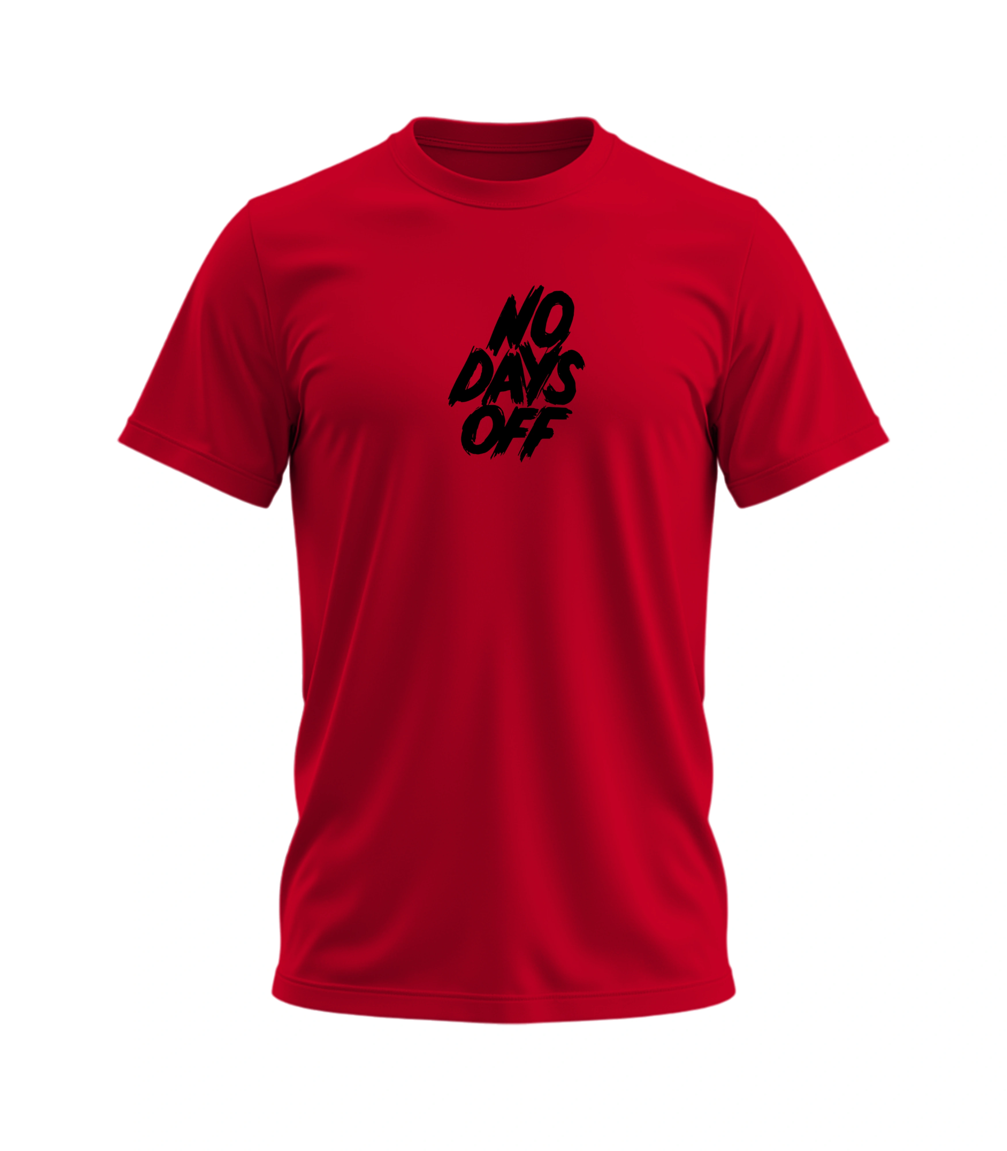 Red t-shirt with 'NO DAYS OFF' text on a white background
