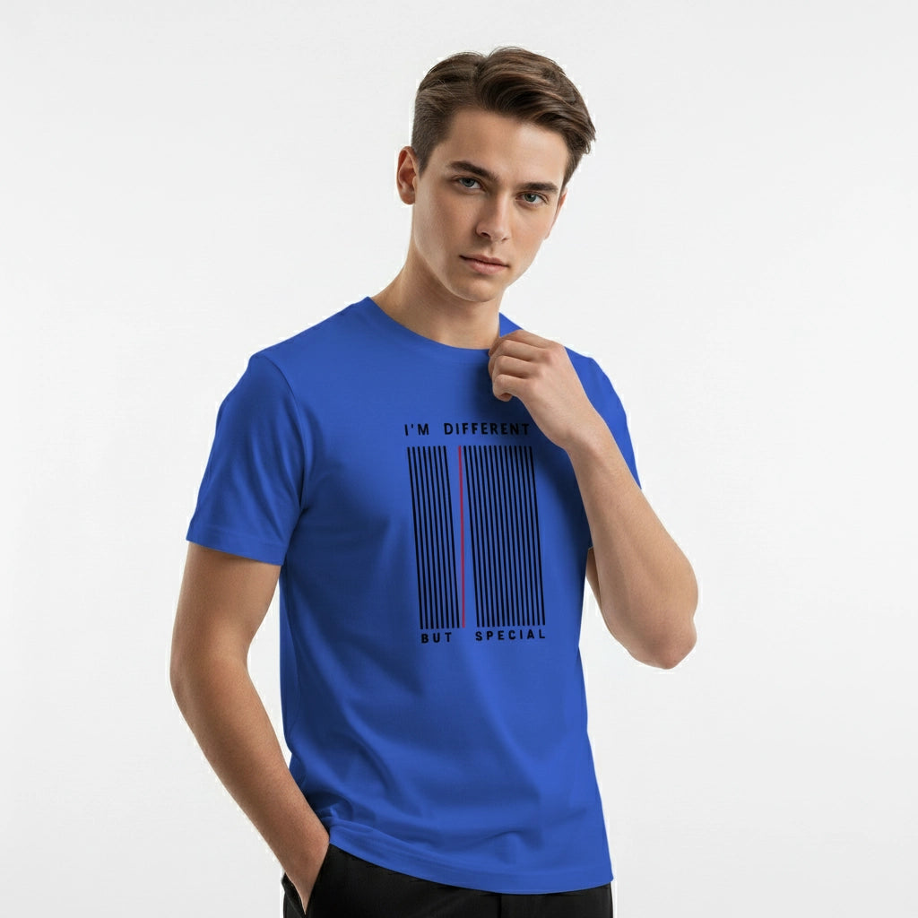 Man wearing a blue t-shirt with text on a white background