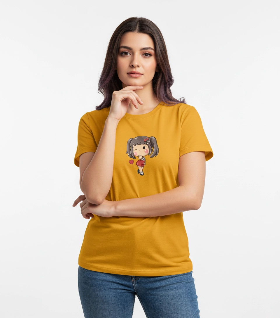 Woman wearing a mustard yellow t-shirt with a cartoon character on a white background