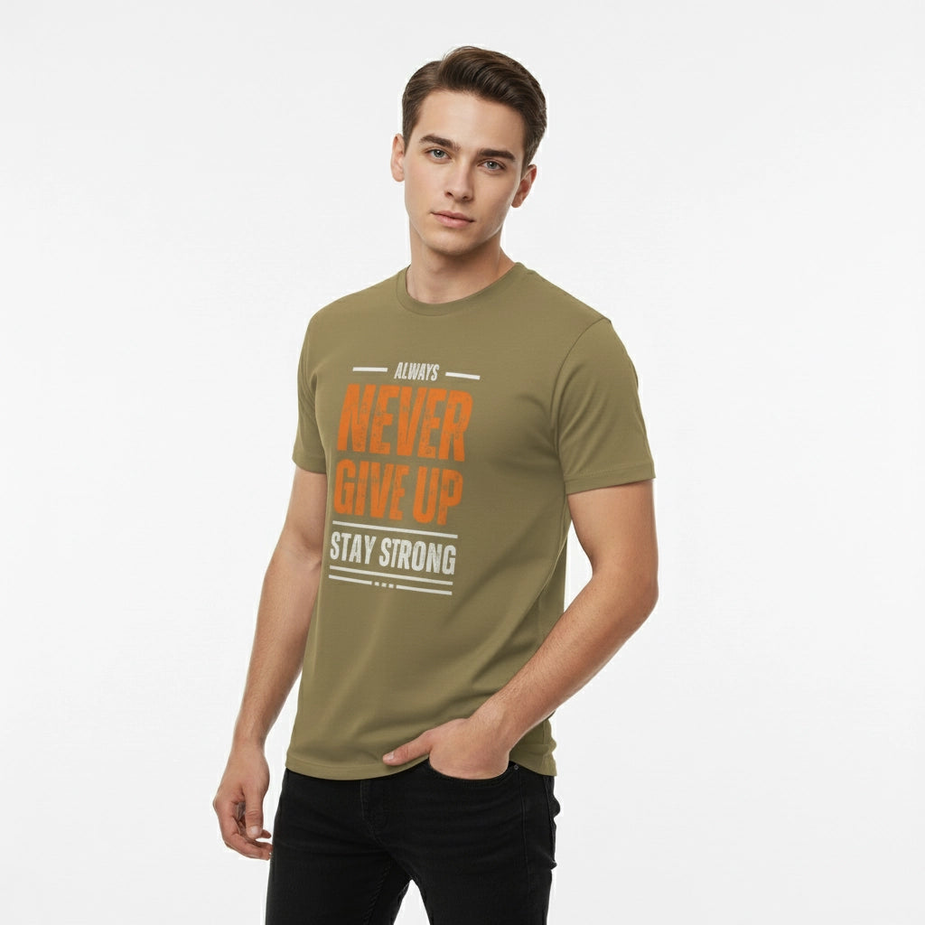 Man wearing a green t-shirt with motivational text on a white background